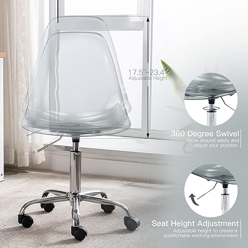Miniatura 30 de Silla de escritorio de acrílico transparente, moderna, pequeña, con ruedas, linda silla de plástico sin brazos, silla de plástico Lucite para el