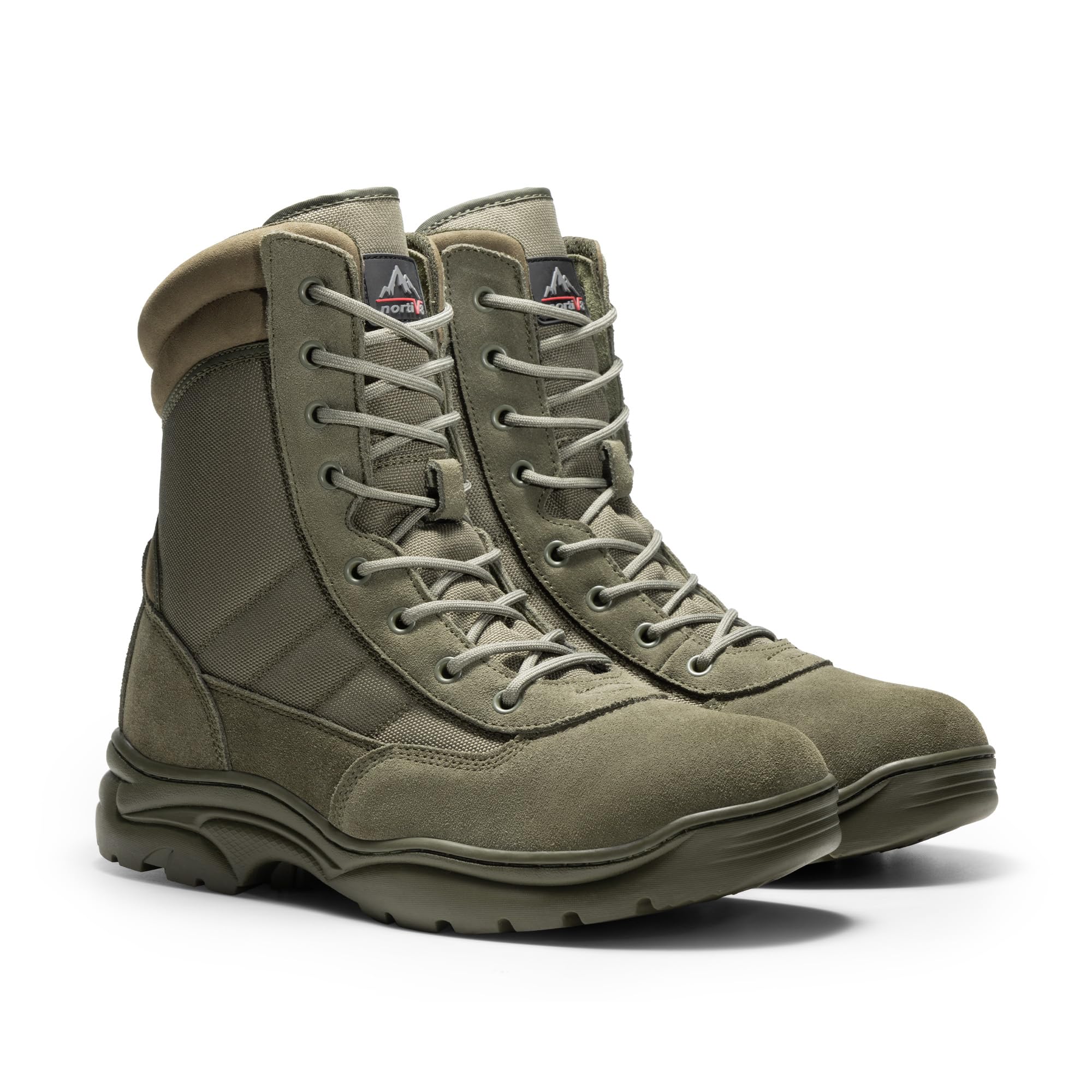 NORTIV 8 Stivali tattici militari da lavoro, da uomo, con cerniera laterale, in pelle, da moto, da combattimento (15-20 cm), Verde militare, 41.5 EU