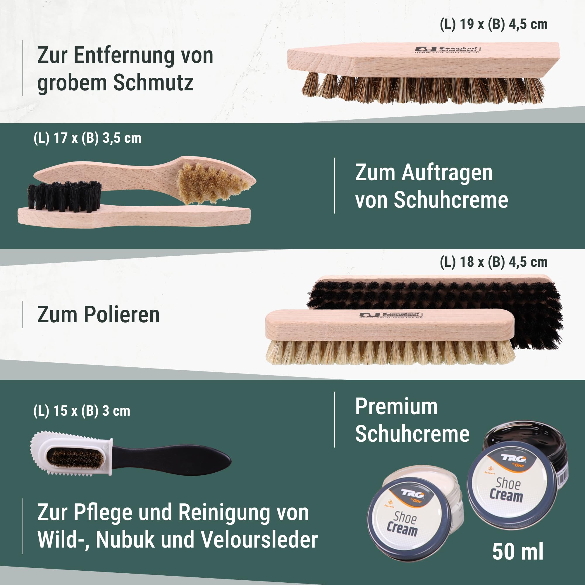 Langlauf Schuhputzset Verona 9-teilig mit Bürsten und Cremes im Holzkasten | Schuhcremes in Schwarz und Neutral, Poliertuch und Bürsten für Glattleder sowie Spezialbürste für Rauleder und Wildleder