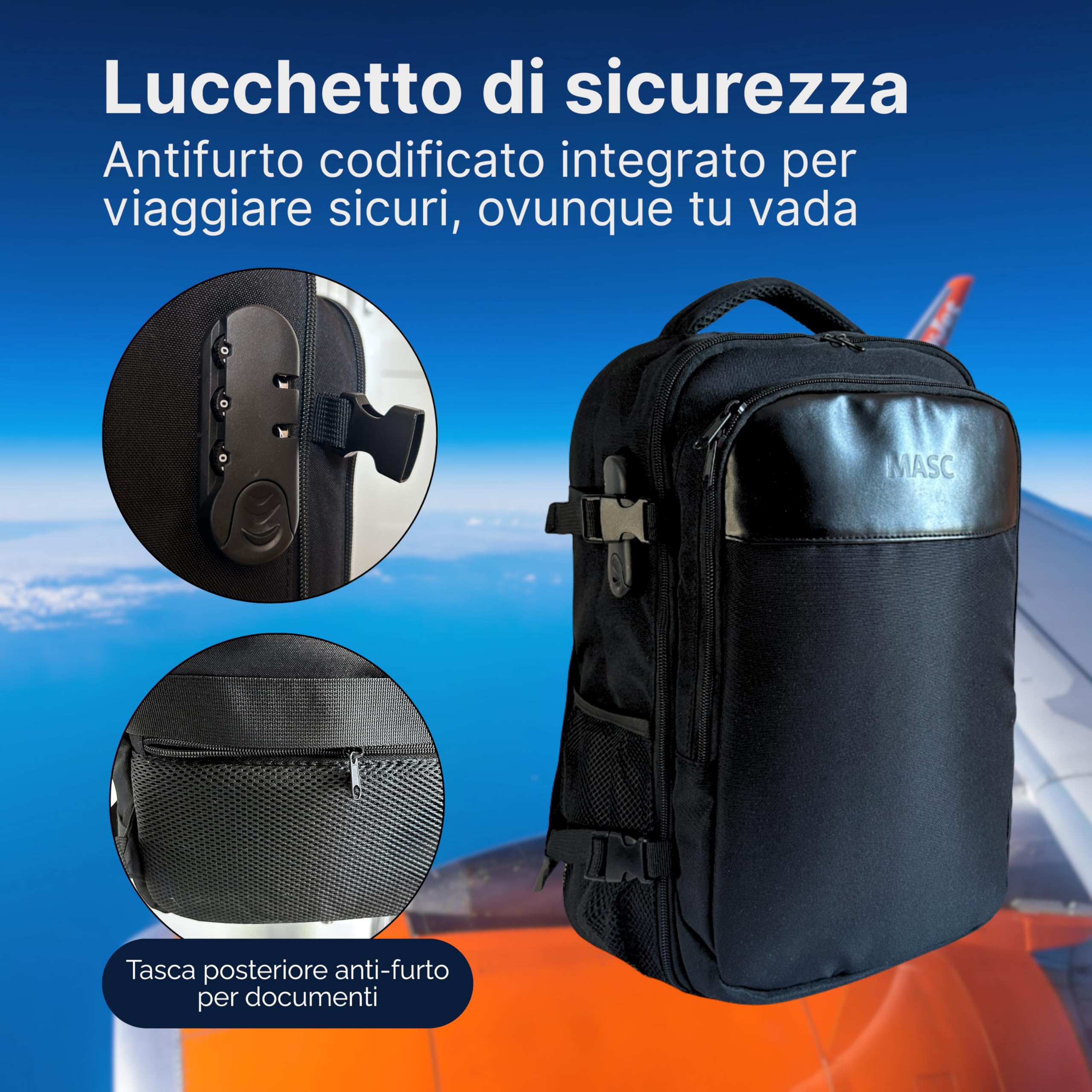 Zaino Easyjet 45x36x20 da Viaggio, Zaino Capiente 30L per Viaggio in Aereo - Bagaglio a Mano da Cabina Impermeabile Porta PC con Lucchetto e Caricatore USB
