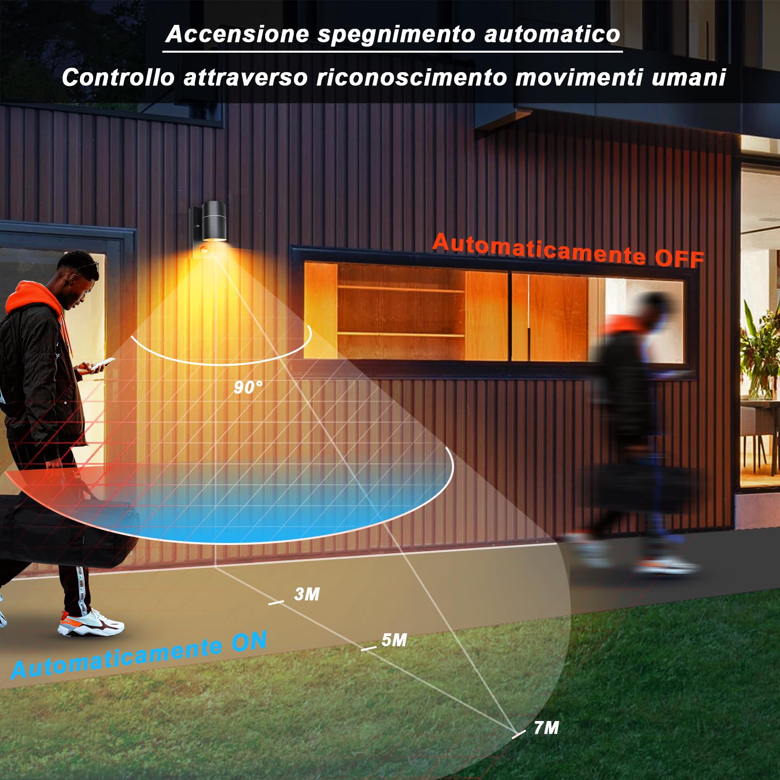 Applique da Esterno/Interno LED con Sensore di Movimento GU10,Luce Calda 5W,Lampada da Parete Esterno IP44 Faretto da Parete Moderno Nero per Scala,Corridoio,Balcone,Villa Bagno