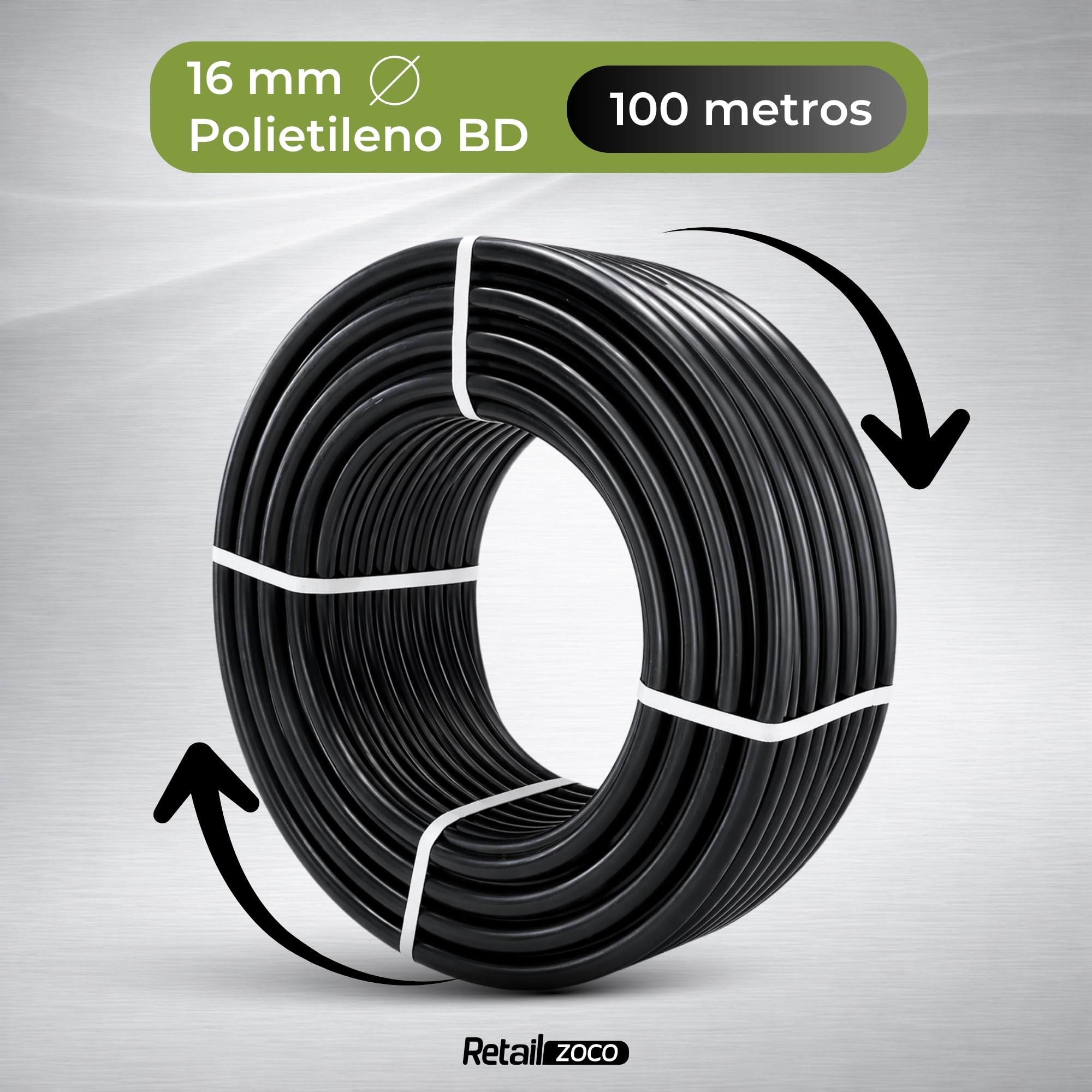 Tuberia de Riego por Goteo, Tubería riego rigida de polietileno (PE) 16 mm de diámetro, Para uso tanto profesional o agrícola, Presión de uso máxima 4 atm, Color Negro, Longitud 100 Metros