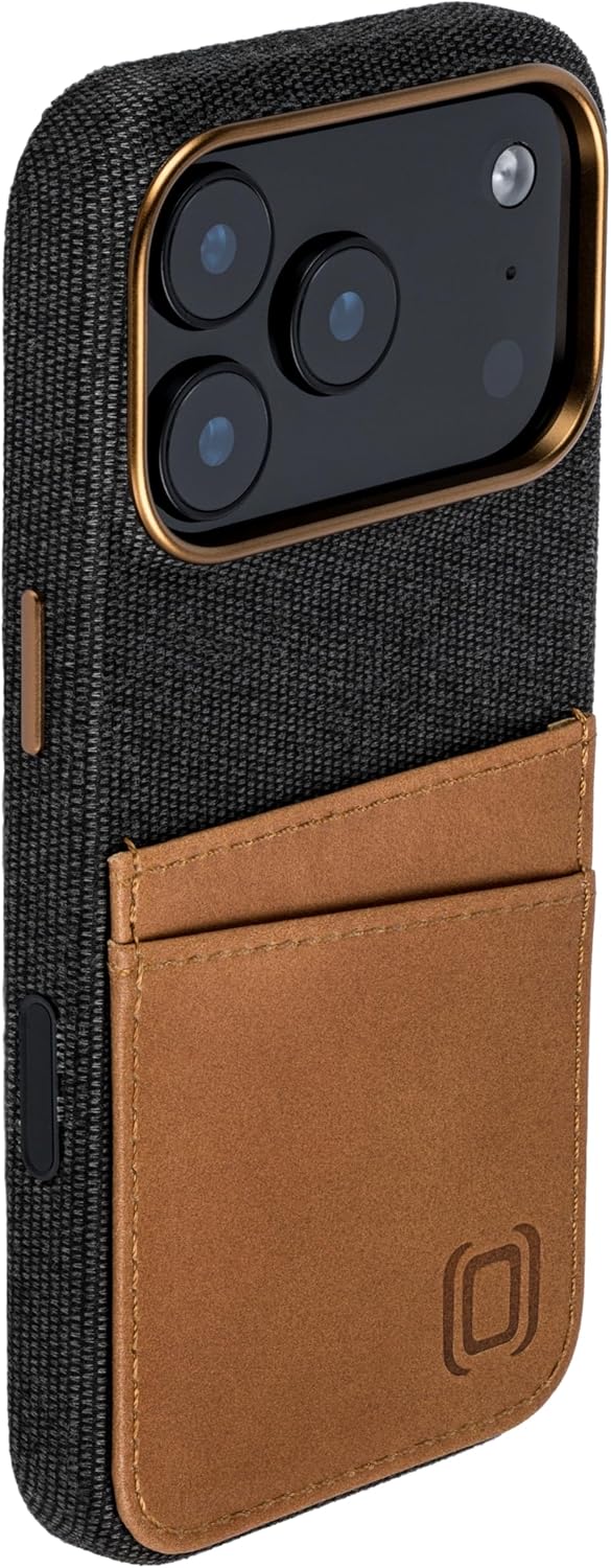 Dockem Fabric Card Case for iPhone 17 Pro with Camera Control Button and Stitched-on Genuine Leather Wallet with 2 Holder Slots: M2F [Grey and Light Brown]