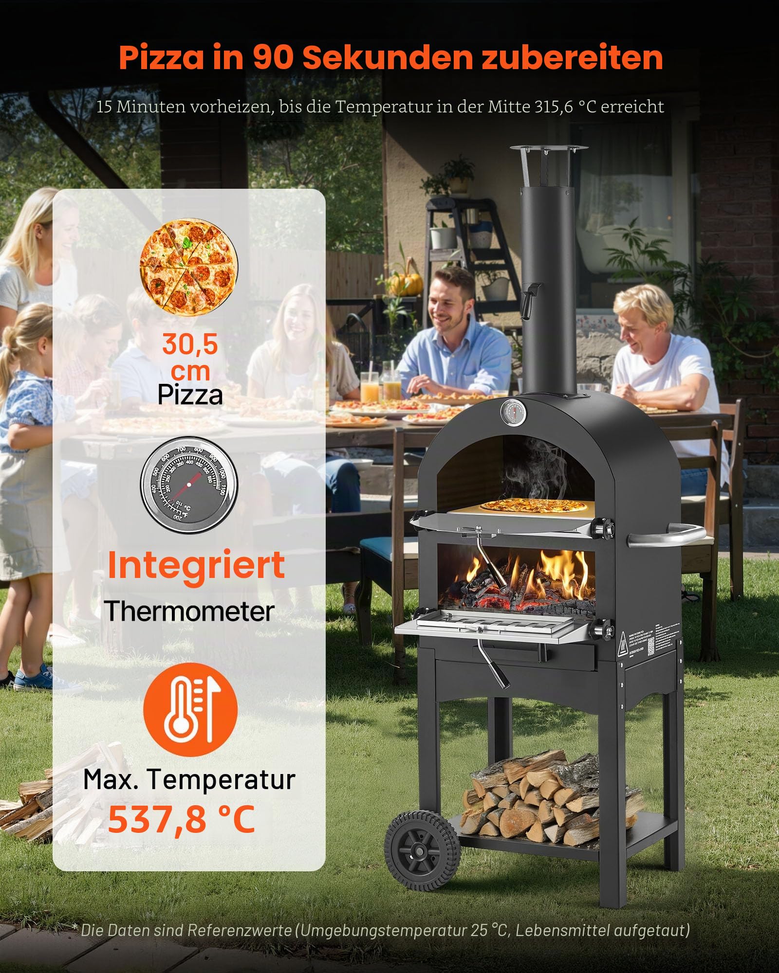 VEVOR Pizzaofen 12 Zoll Pelletöfen, 2-lagiger Pizzaofen mit Holzfeuerung, Holzbefeuerter Ofen Outdoor mit 2 abnehmbaren Rädern, Pizzamaker mit Höchsttemperatur von 540 °C zum Grillen