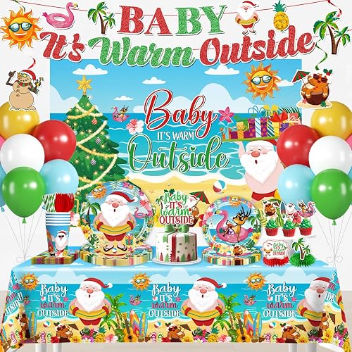Christmas in July Decorations, Baby It's Warm Outside Party Decor - 196PCS All-in-One Set, Serves 25, Tableware Kit with Banner, Backdrop, Tablecloth, Balloons & Cupcake Toppers
