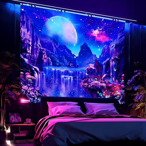 Miniatura 6 de Avinyl Tapiz espacial de luz negra para dormitorio, diseño de cascada de luz negra, para colgar en la pared, reactivo a los rayos UV, luna, galaxia,