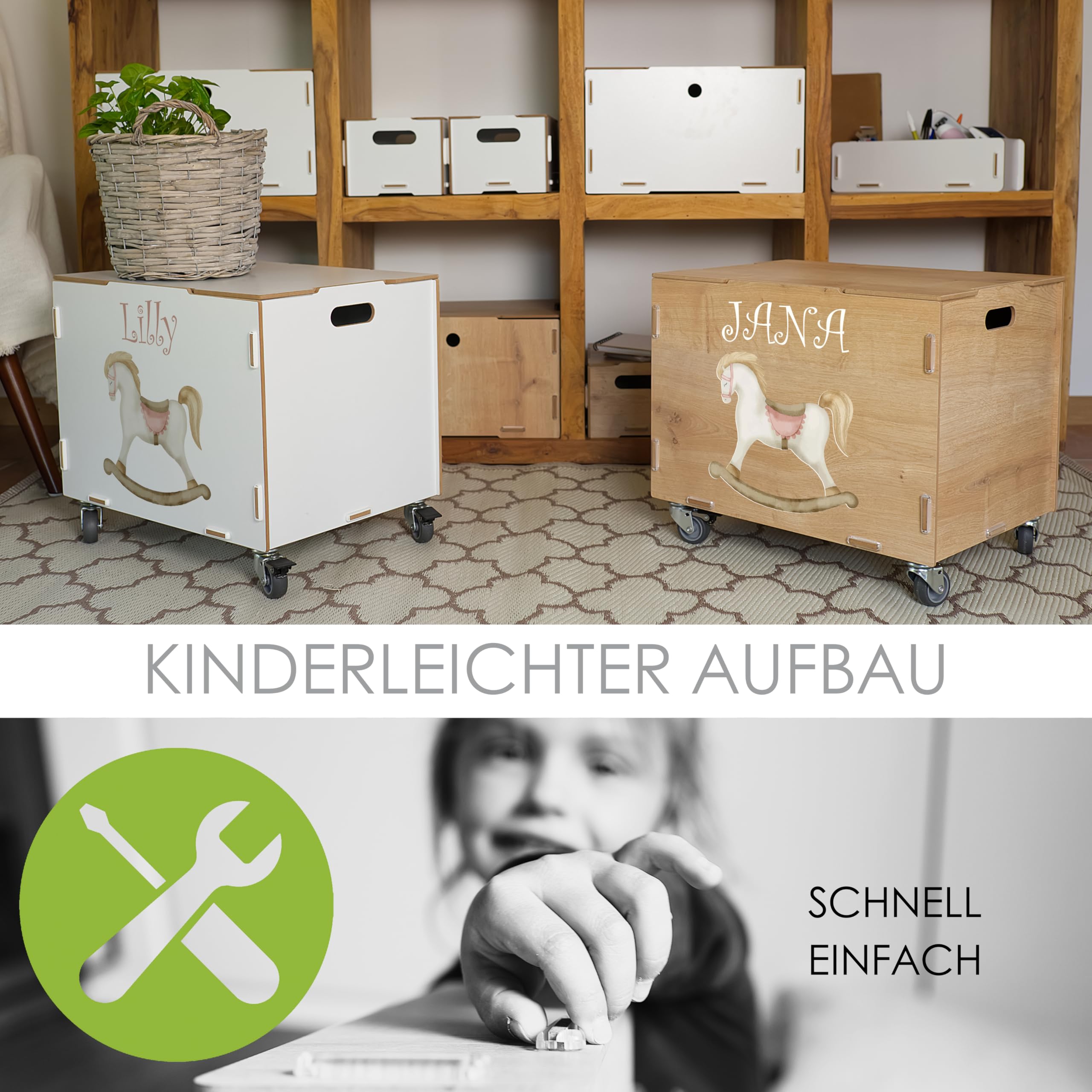 Peronalisierbare Rollbox mit Schauckelpferd Kinder-Motiv (33x45,5x34,5cm + 6cm Räder-Höhe) Kisten/Boxen personalisiert mit Text oder Namen - Kinderzimmer Rollkiste/Kiste als Spielzeugkiste