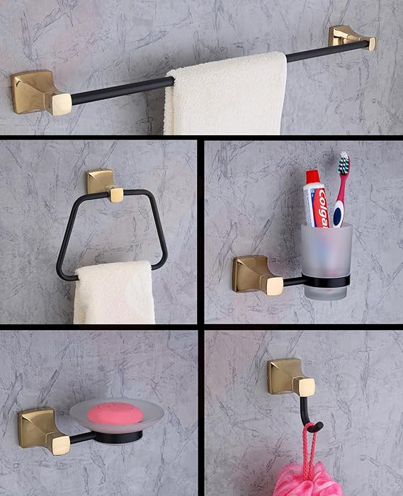 GOSAI Stainless Steel 304 Bathroom Accessories Pyramid Premium PVD Black Gold Bathroom Set 5 pcs (Towel Rod 24 inch | Towel Ring | Soap Dish |Toothbrush Holder | Rob Hook)