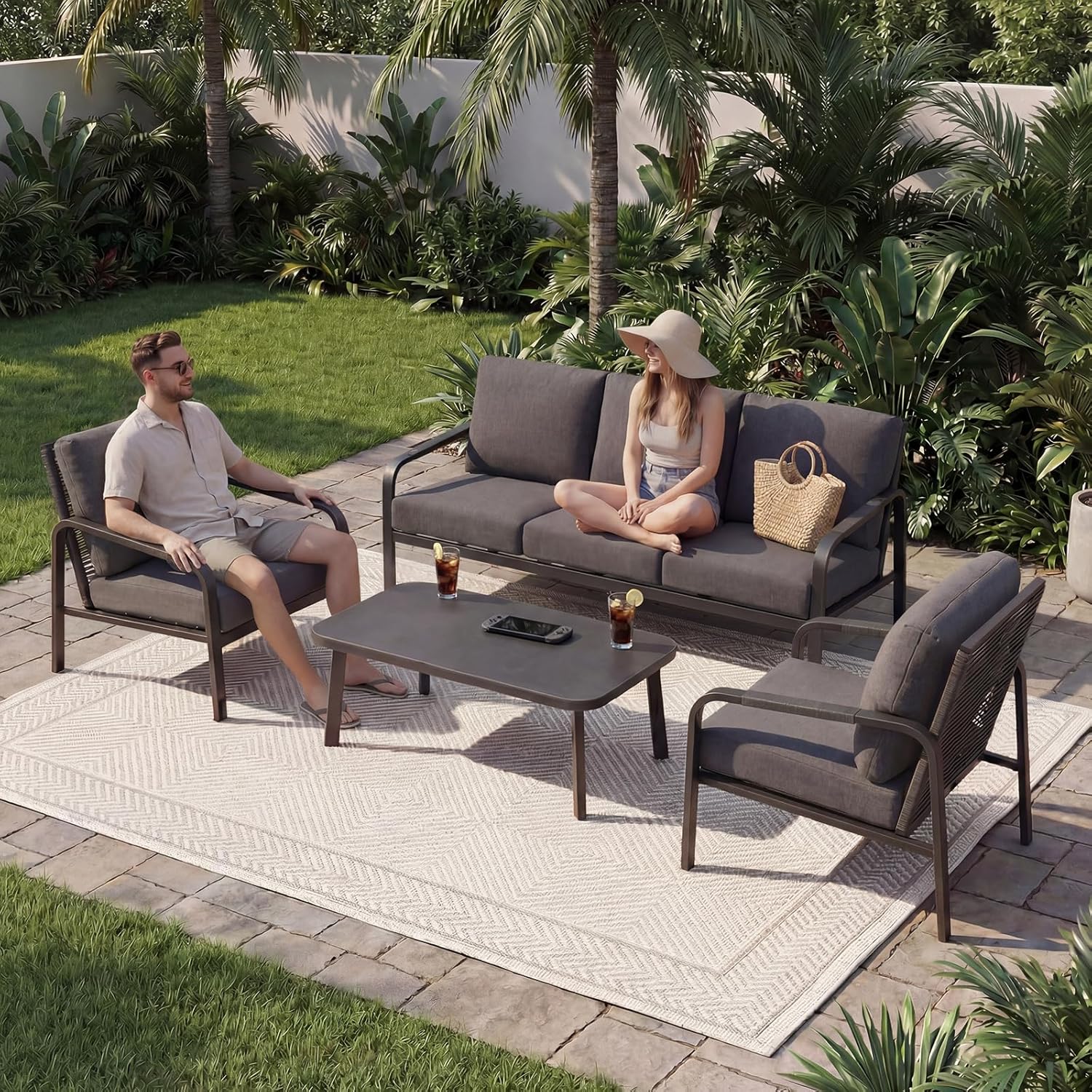 Patio Furniture Set, 3 Pieces Outdoor Patio Furniture with Coffee Table Set, Metal Patio Conversation Sets with Washable and High-Resiliency Sponge Cushions, Upgarded Beige
