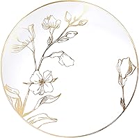 Vista 33 de Plasticpro - Platos de fiesta con diseño floral de plástico blanco con borde dorado, platos desechables pesados, elegantes y de alta calidad