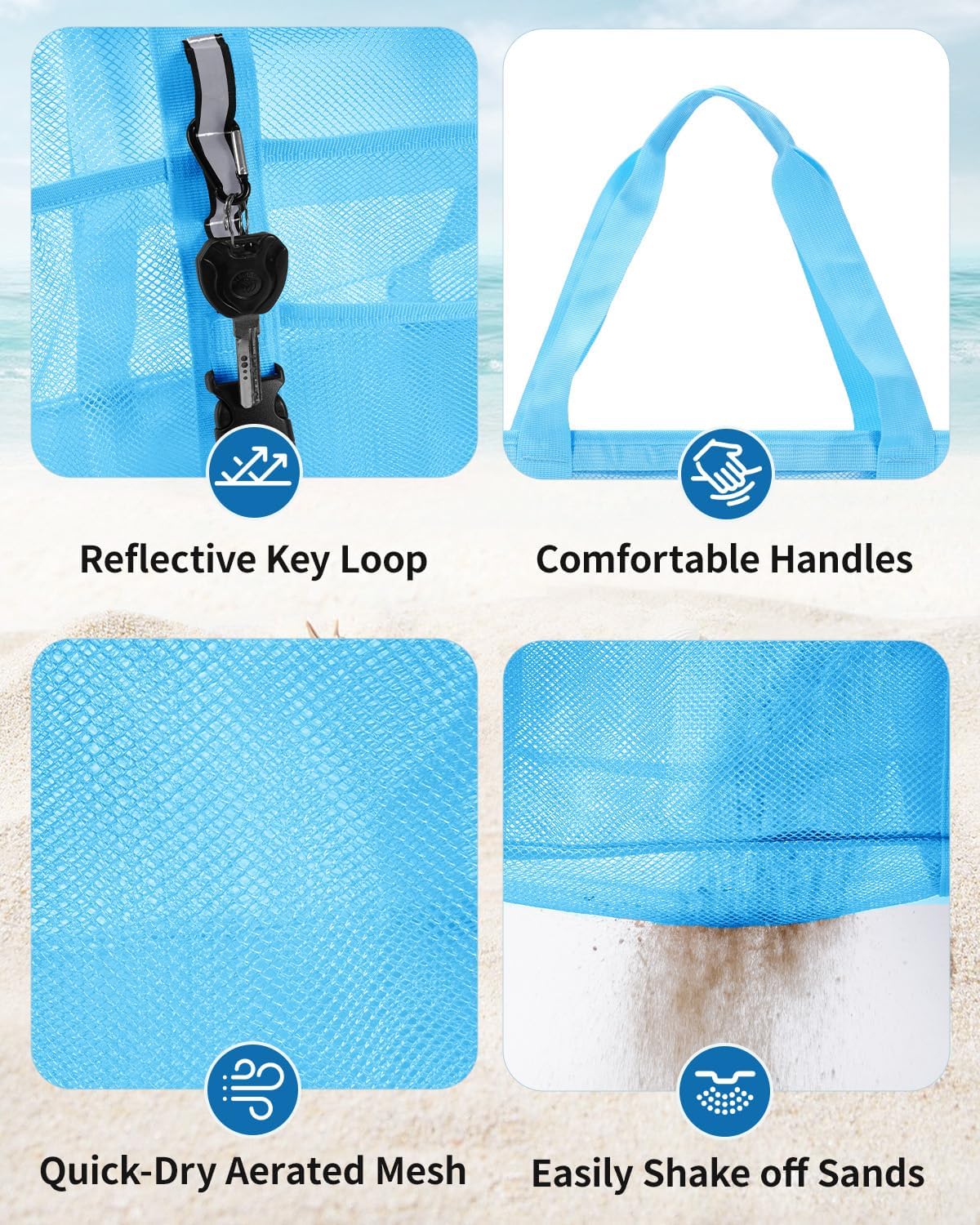 WANDF Mesh Beach Bag for Women, Large Beach Tote Bags with 40oz Tumbler Side Pockets, Family Pool Bag for Swim Toys Towels Cruise Vacation Essentials (Blue) | Breathable - Image 5