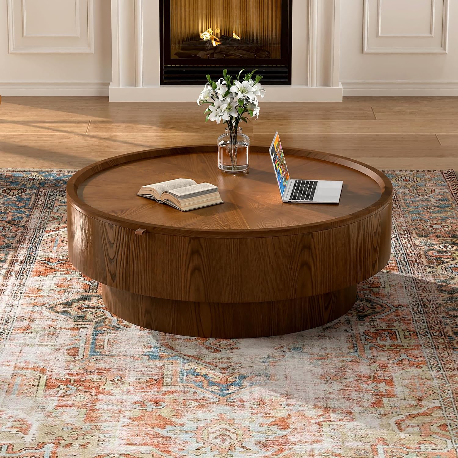 30.7" Round Coffee Table with Storage, Drum Center Table for Small Spaces