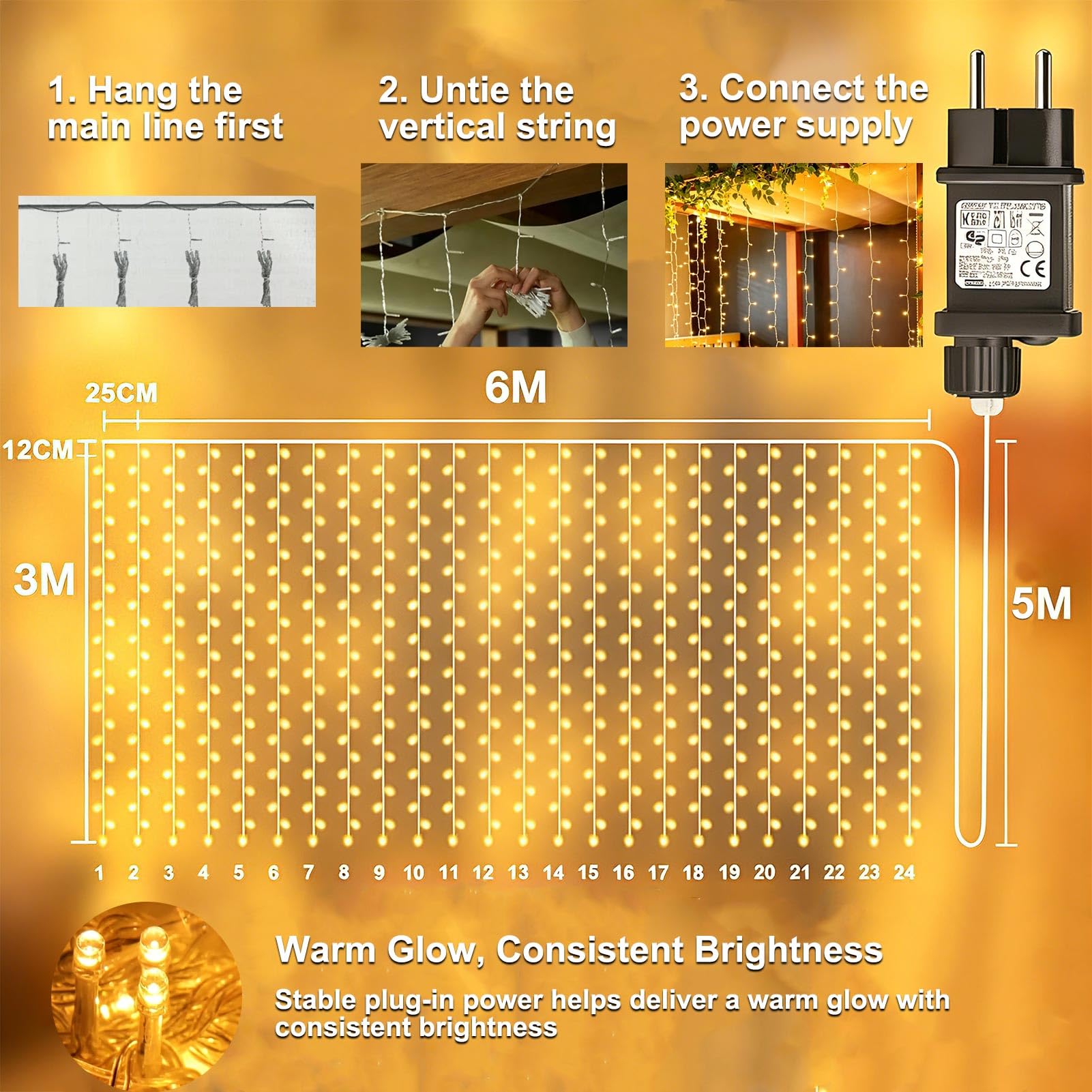 Lichtervorhang Aussen Innen 6x3m 600 LED, Lichterketten Vorhang mit Stecker | 8 Modi, Timer Lichterkette Hängend, Wasserdicht Lichtervorhang Außen für Wand Zimmer Pavillon Balkon Party Decke, Warmweiß
