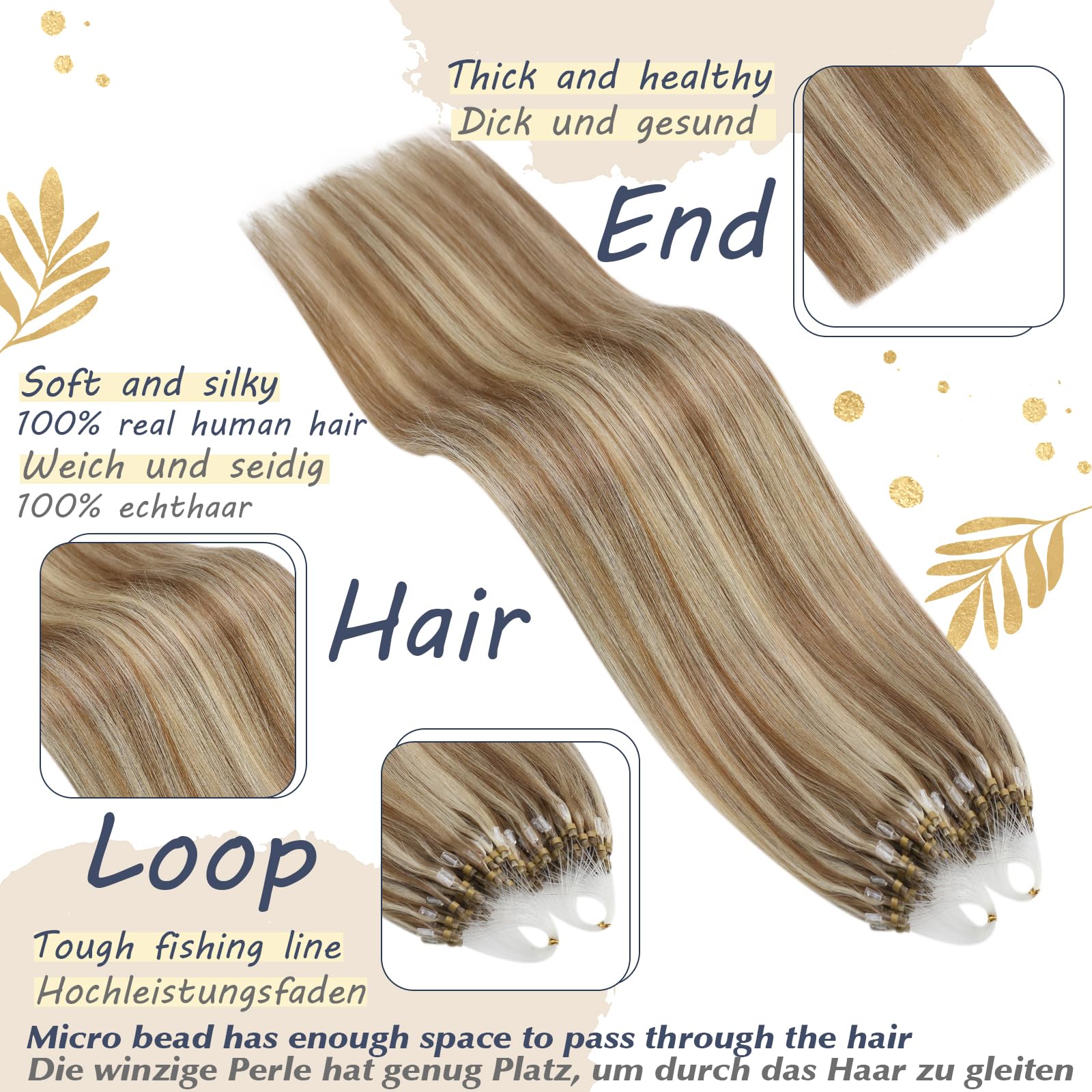 Ugeat 24 Inch Micro Beads Hair Extensions Real Human Hair Golden Brown Micro Ring Human Hair Extensions Highlights Bleach Blonde 50G/50S #10/613 - Image 2