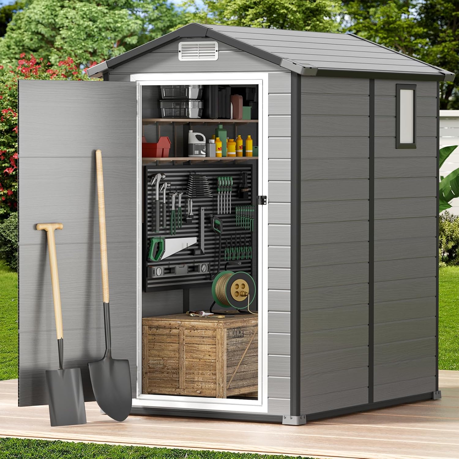 GVDV 4×6FT Outdoor Resin Plastic Storage Shed with Reinforced Floor, All-Weather Plastic Shed with Lockable Door, Window, Waterproof Tool Storage for Garden, Backyard, Patio, Tool Storage