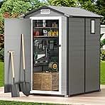GVDV 4×6 FT Outdoor Resin Plastic Storage Shed with Reinforced Floor, All-Weather Plastic Shed with Lockable Door, Window and Vent, Waterproof Tool Storage for Garden, Backyard, Patio, Tool Storage