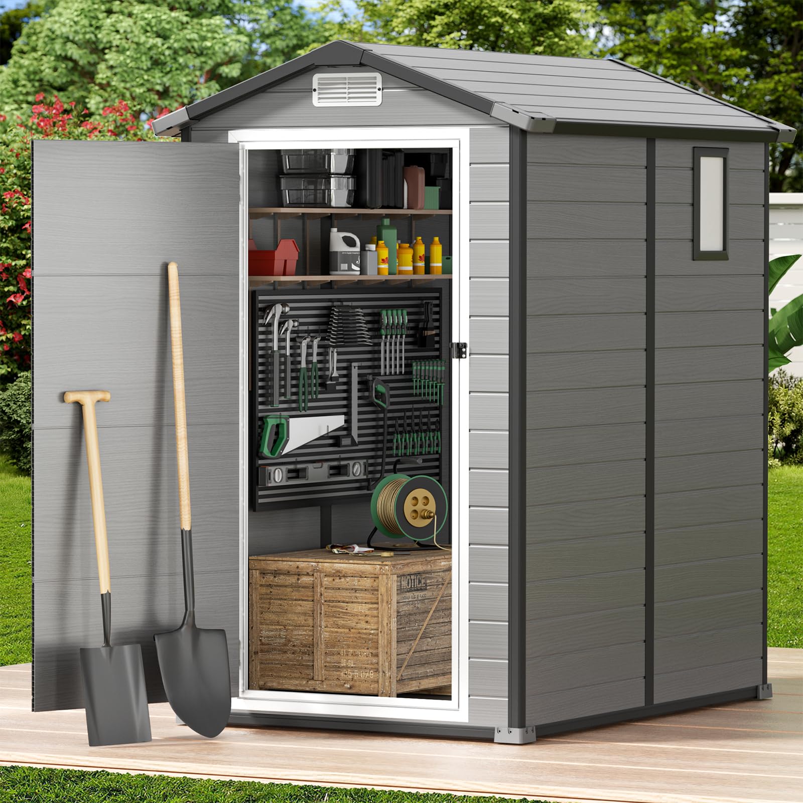 GVDV 4×6 FT Outdoor Storage Shed with Floor, Resin Plastic Utility Shed