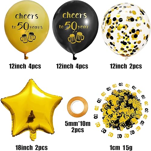 Miniatura 3 de SHUNTAI Globos de felicitación a los 50 años, decoraciones de cumpleaños negros y dorados, globos de látex de confeti dorado para mujeres y hombres,