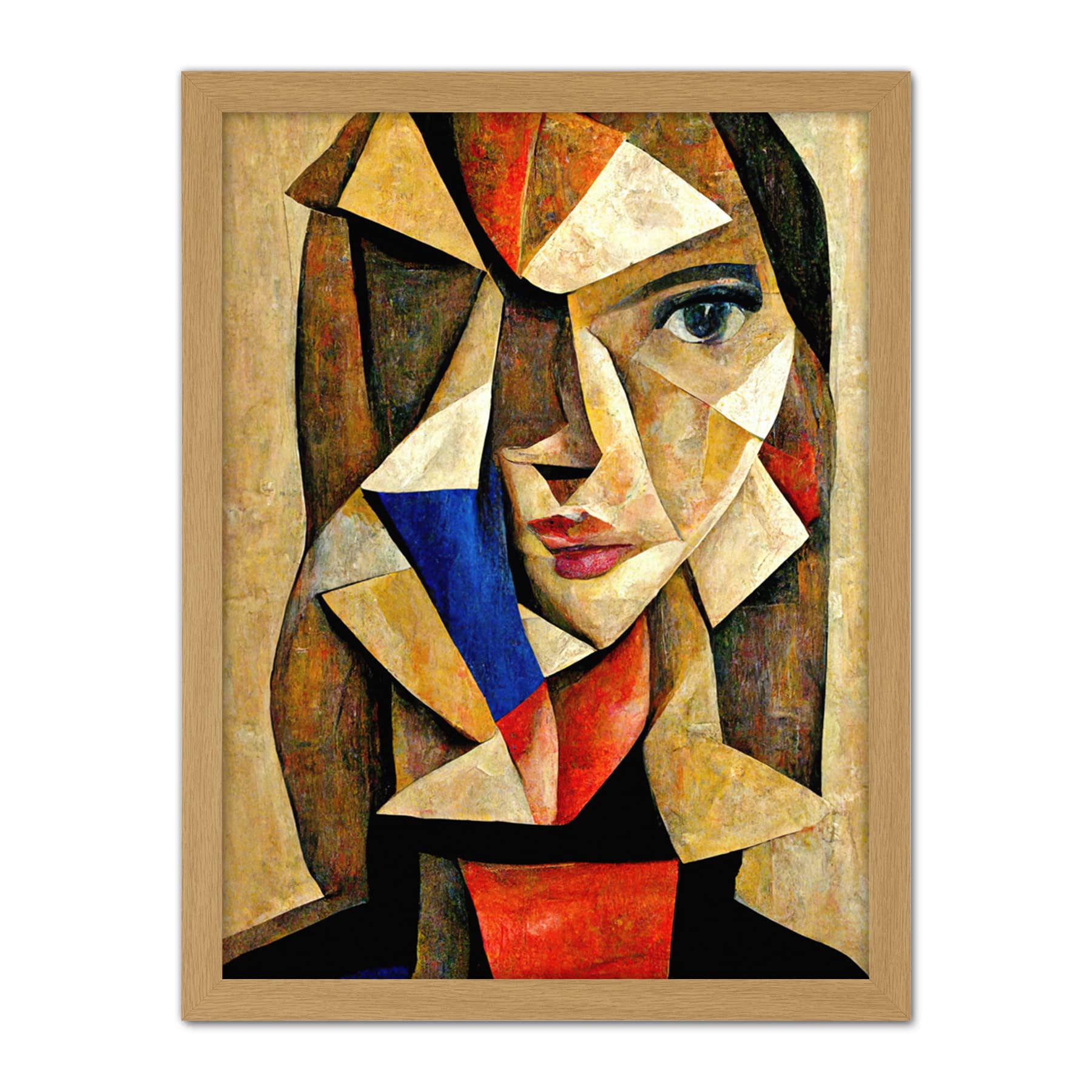 Doppelganger33 LTD Painting Cubism Style Portrait Of Young Woman Beige And Brown Artwork Framed Wall Art Print 18X24 Inch