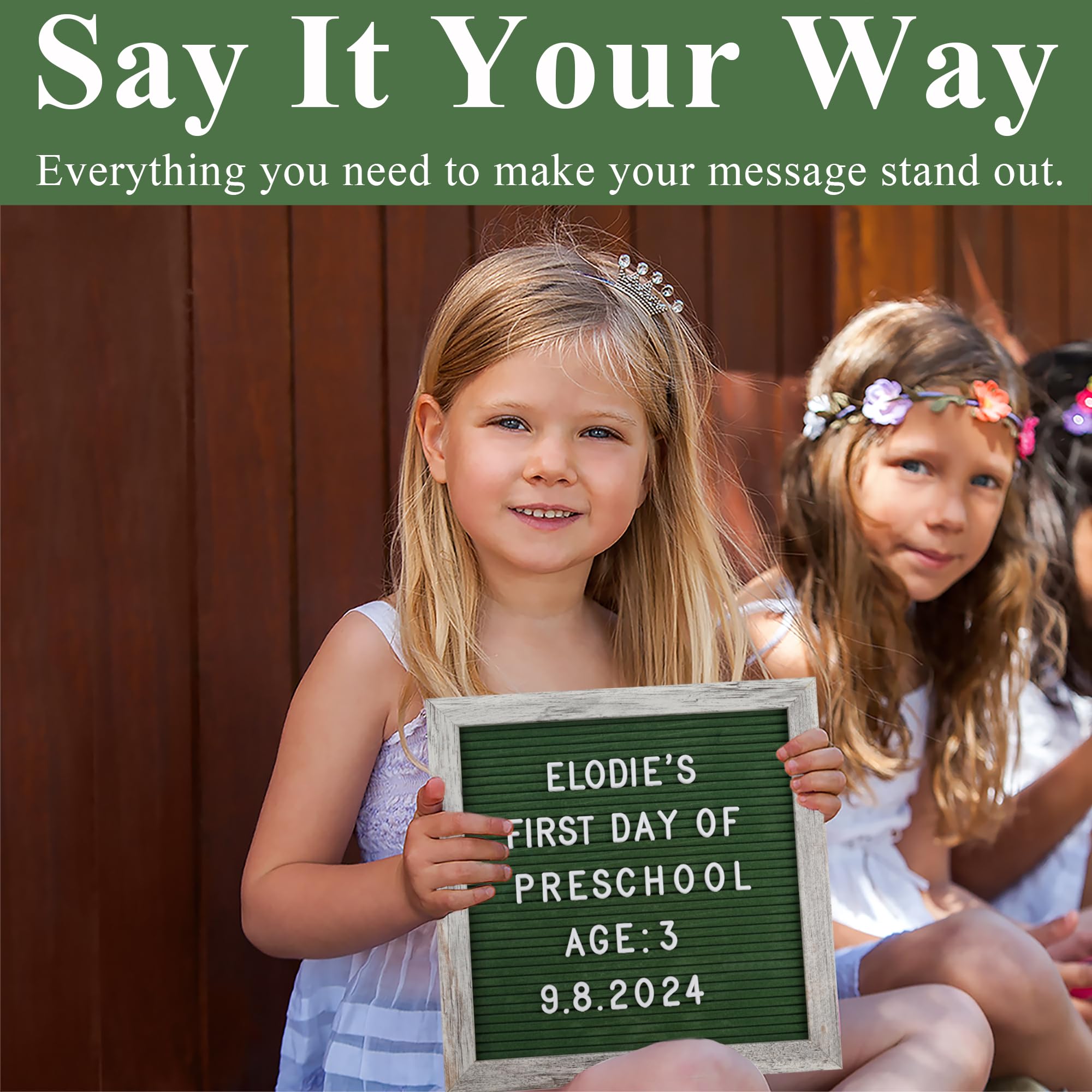 Bacheca intercambiabile in feltro 25 x 25 cm, con cornice rustica, lavagna in feltro verde per messaggi personalizzati, ideale per baby shower e nascite