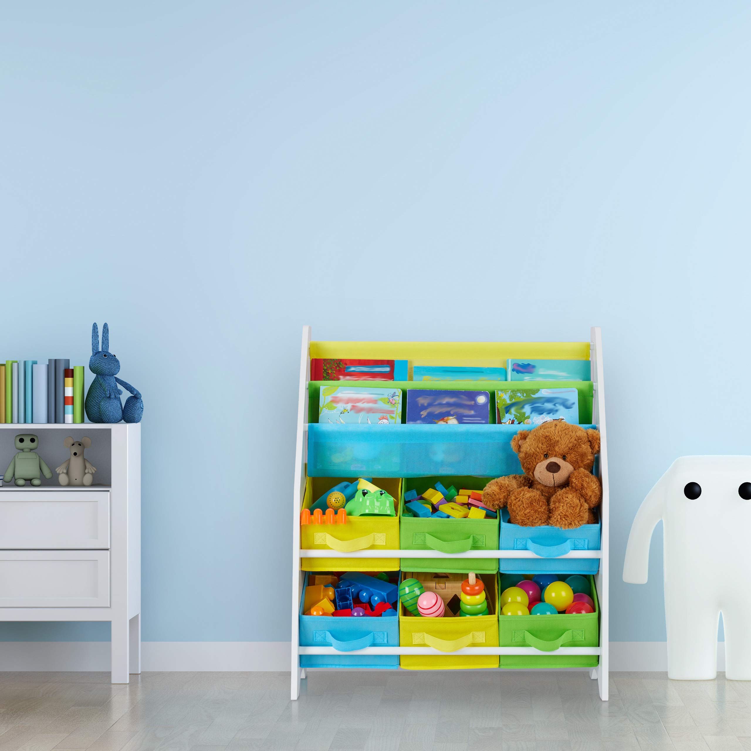 Relaxdays Estantería Infantil, 6 Cajas y 2 Baldas Tela, Mueble Juguetes, Librería Sirenas, 74 x 62 x 31,5 cm, Multicolor