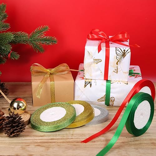 Miniatura 5 de 5 rollos de cintas de Navidad para manualidades, paquete de regalo de 25 yardas, envoltura de tela metálica con purpurina para festivales navideños,