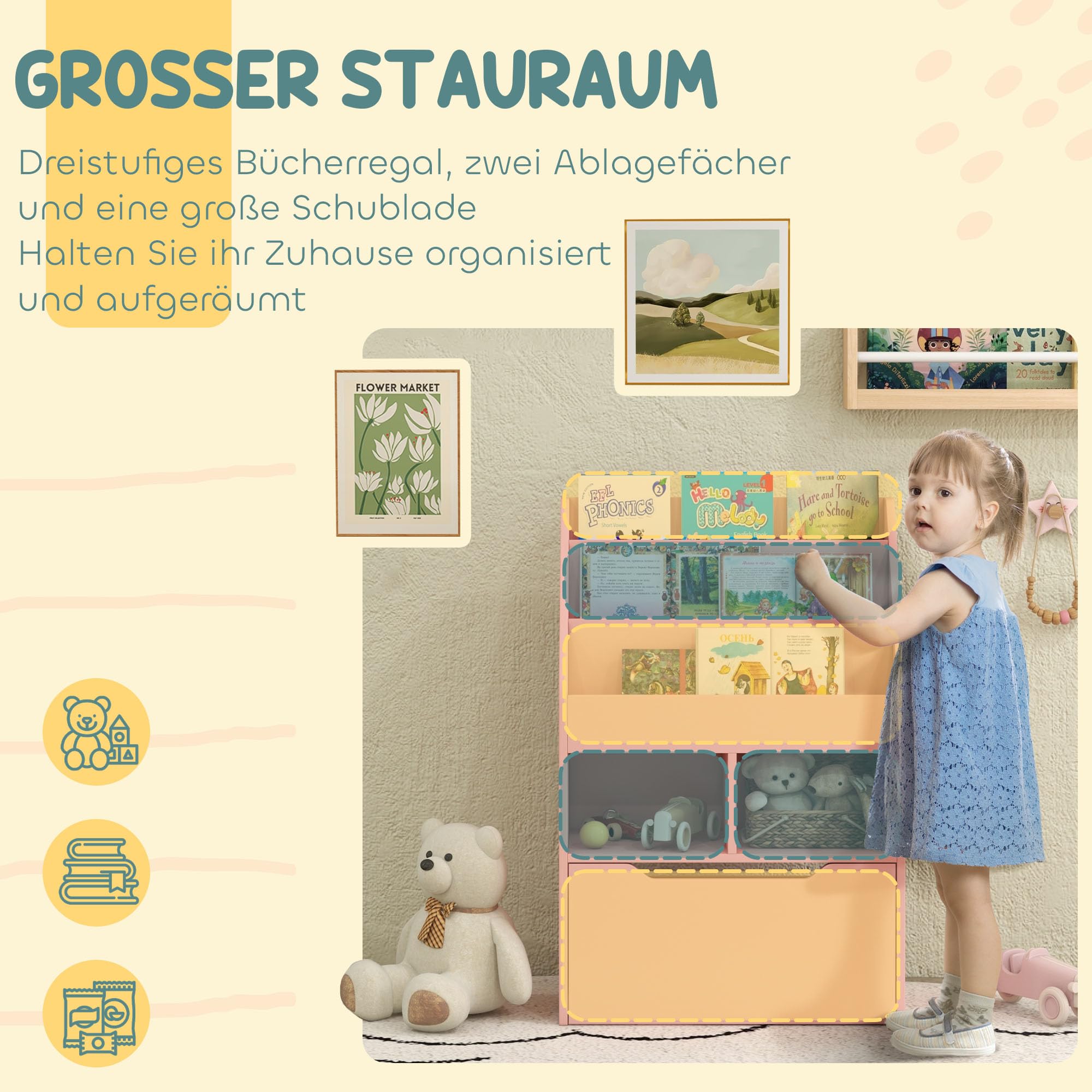 HOMCOM Kinder Bücherregal Kinderregal mit Schublade, 3 Ablagefächern und 2 offenen Fächern, Aufbewahrungsregal für Kinderzimmer, Spielzimmer, Rosa, 60 x 29,9 x 90 cm