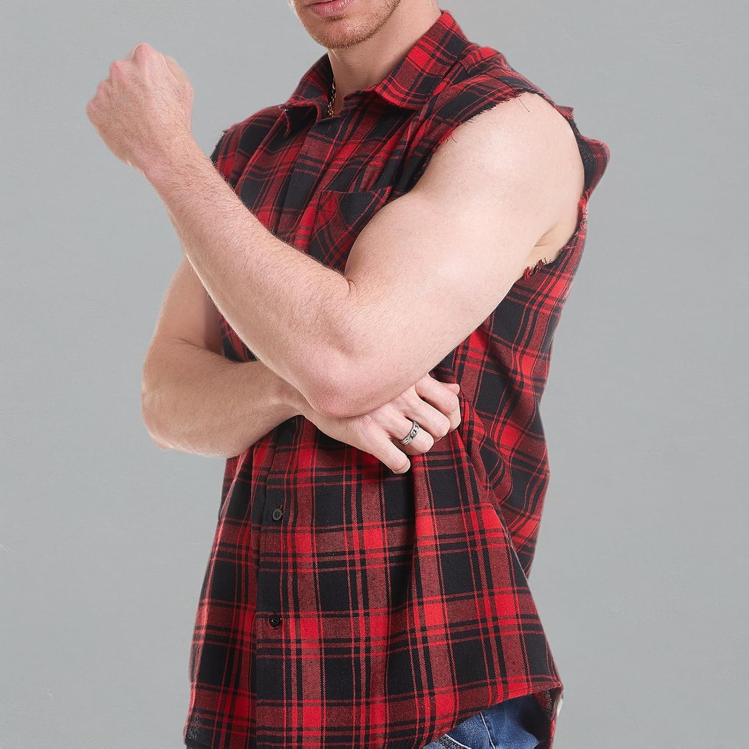 Sleeveless Plaid Front Shirt for Men,Cowboy Button Down Shirts - Image 6