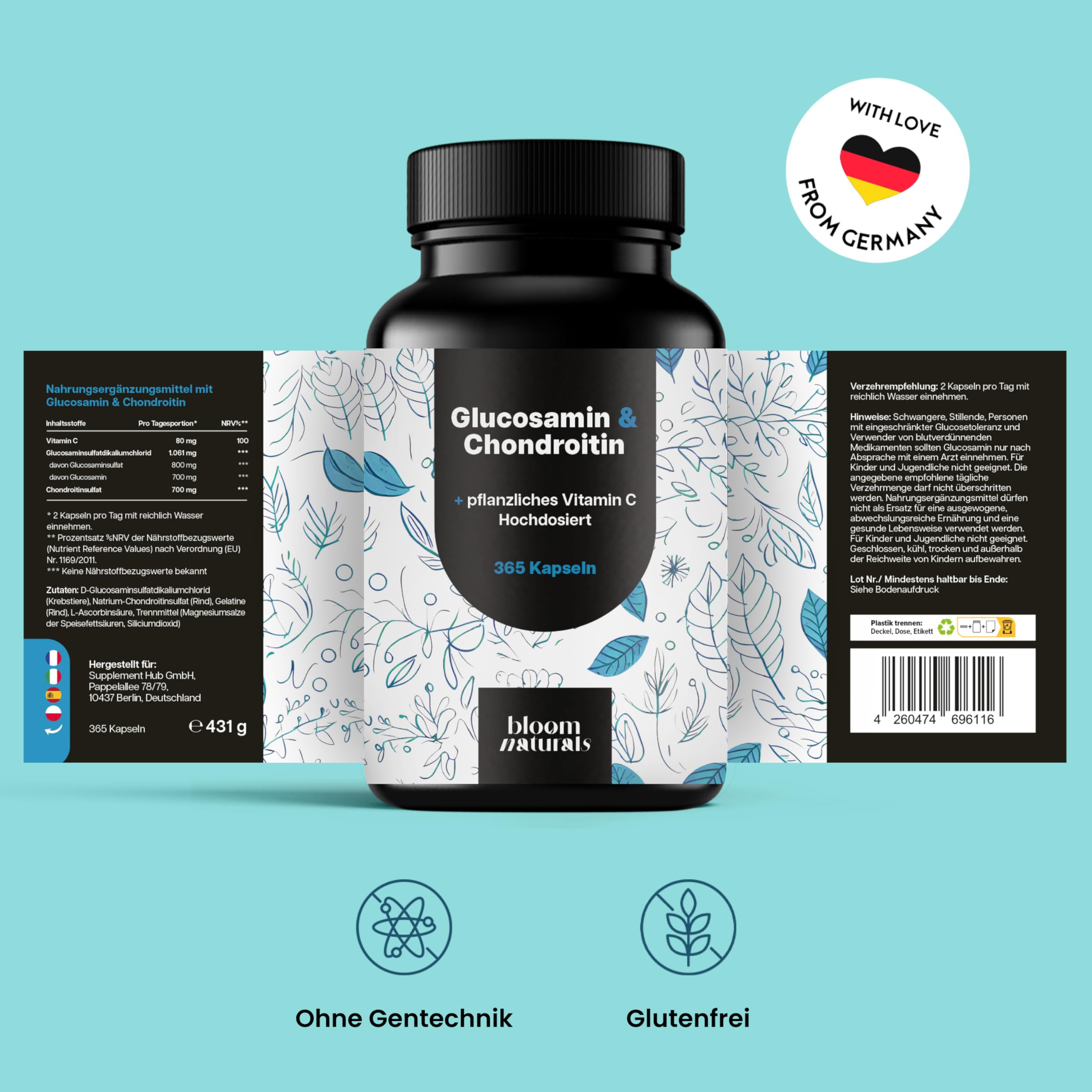 Glucosamin Chondroitin Hochdosiert - 365 Kapseln - mit pflanzlichem Vitamin C, Arthrose Kapseln - & produziert in Deutschland - Verpackung kann variieren Laborgeprüft