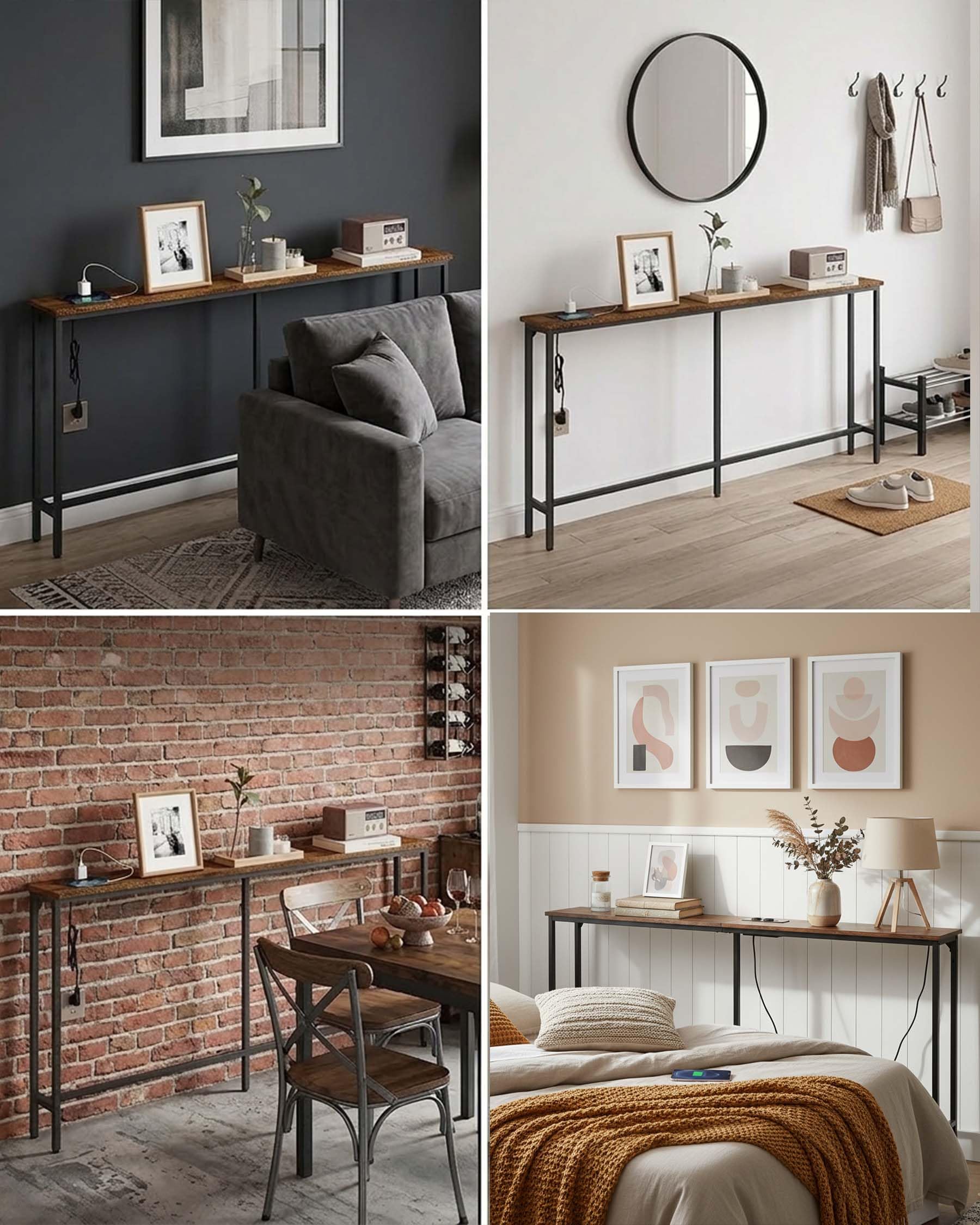 Konsolentisch 160cm Breit mit Steckdose fürs Wohnzimmer, Regal Flur Schmal mit 2 USB und 2 Steckdosen, Schmaler Konsolentische in Braun mit Schwarzem Metall, Vintage Console Table 80cm Hoch
