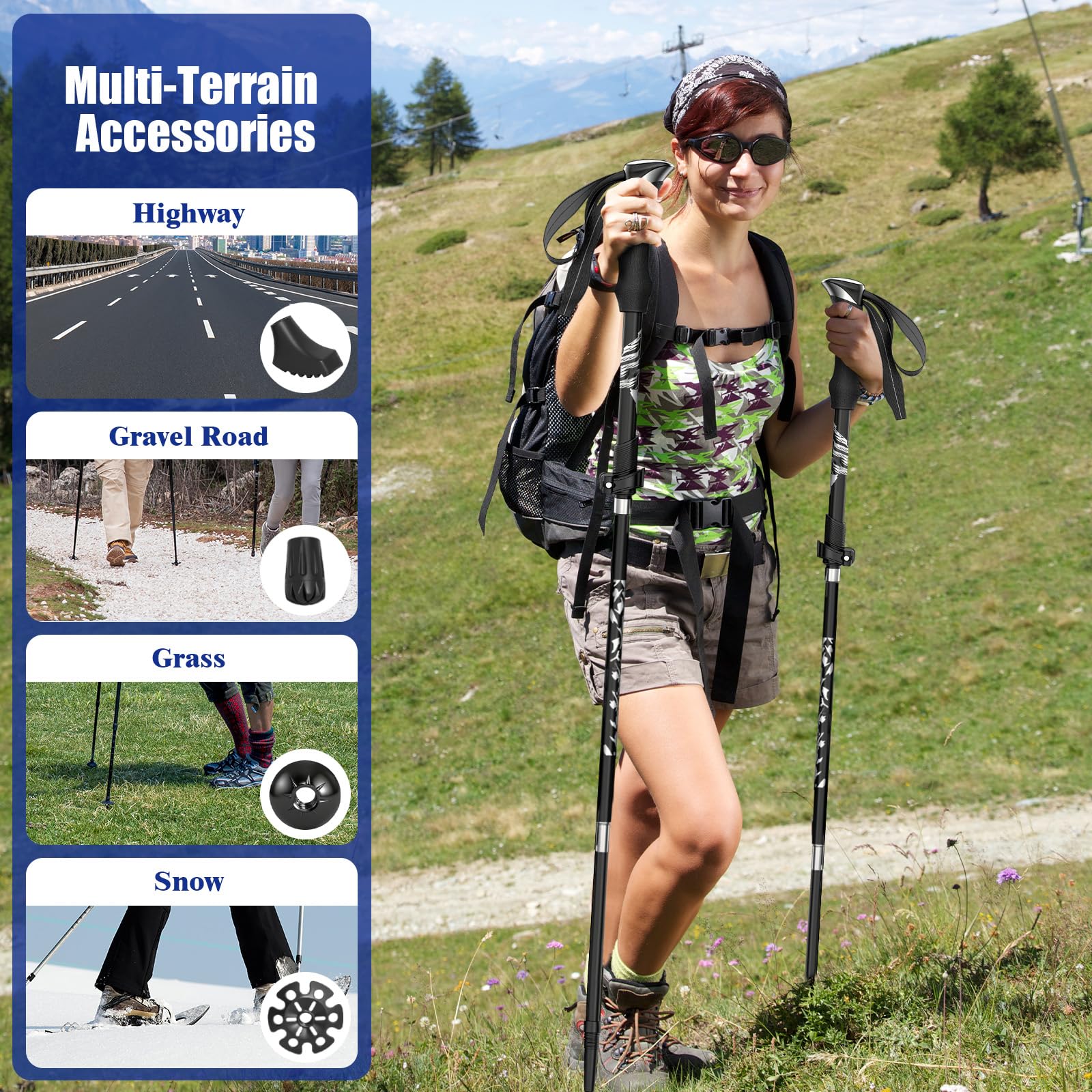 2 Stück Wanderstöcke Faltbar, Trekkingstöcke Aluminium, Verstellbar 110-130cm, Nordic Walking Stöcke Damen und Herren, mit 4 Paar Gummipuffers, für Bergsport, Trekking und Wandern
