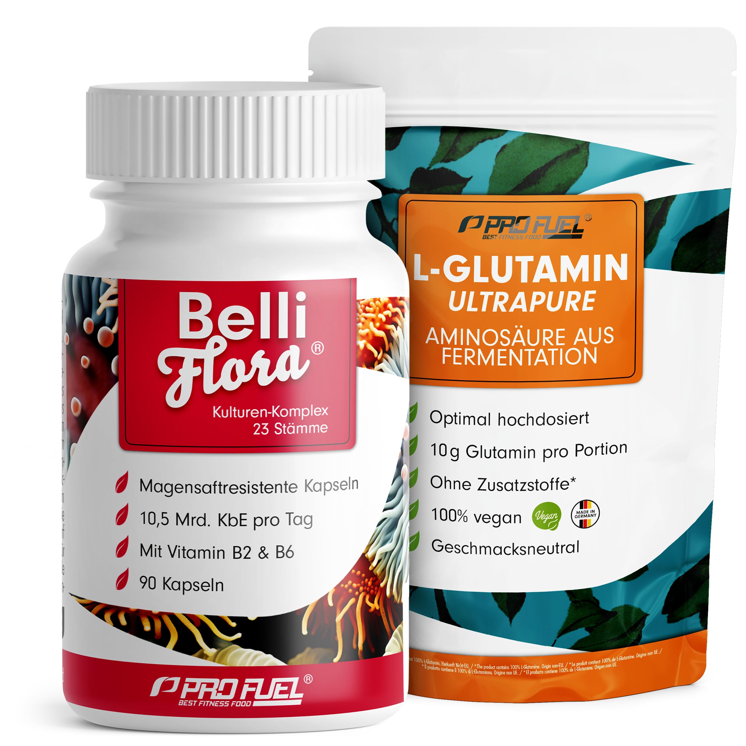 Set: Glutamin Ultrapure + BelliFlora® Kulturen-Komplex - 500g Glutamin-Pulver hochdosiert mit 10g pro Tag + 90 BelliFlora® Kapseln mit 23 hochwertigen Bakterienkulturen - laborgeprüft mit Zertifikat