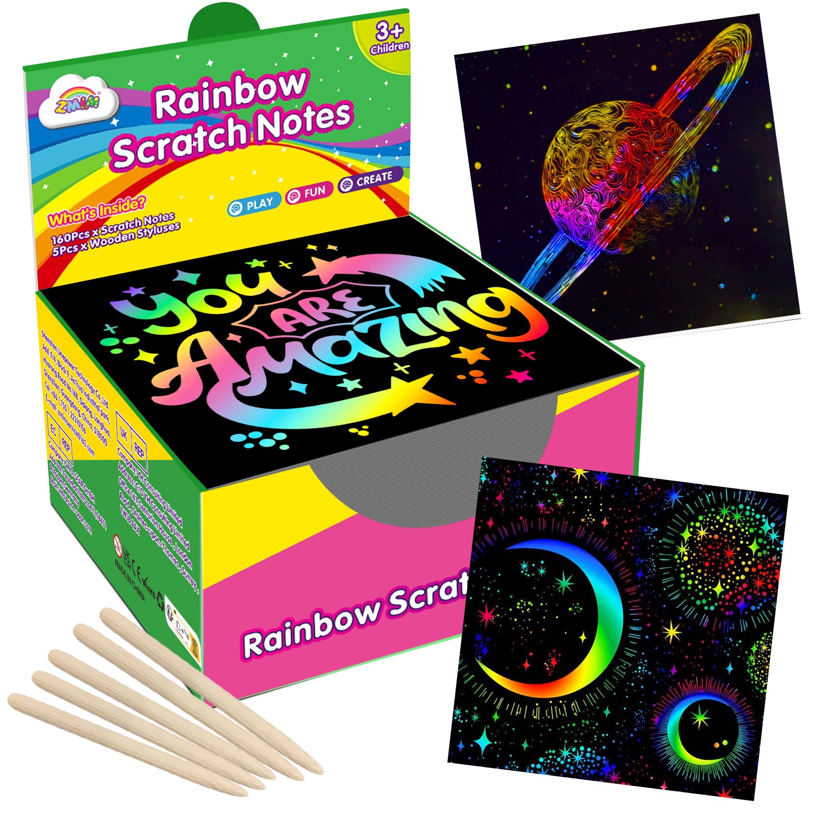 ZMLM Rainbow Scratch Mini Art Notes - 160 Magic Note Pads Cards Sheets for Kids Black Crafts Arts DIY Party Favor Supplies Kit Birthday Game Toy Gifts Box Girls Boys Halloween, Multicolored