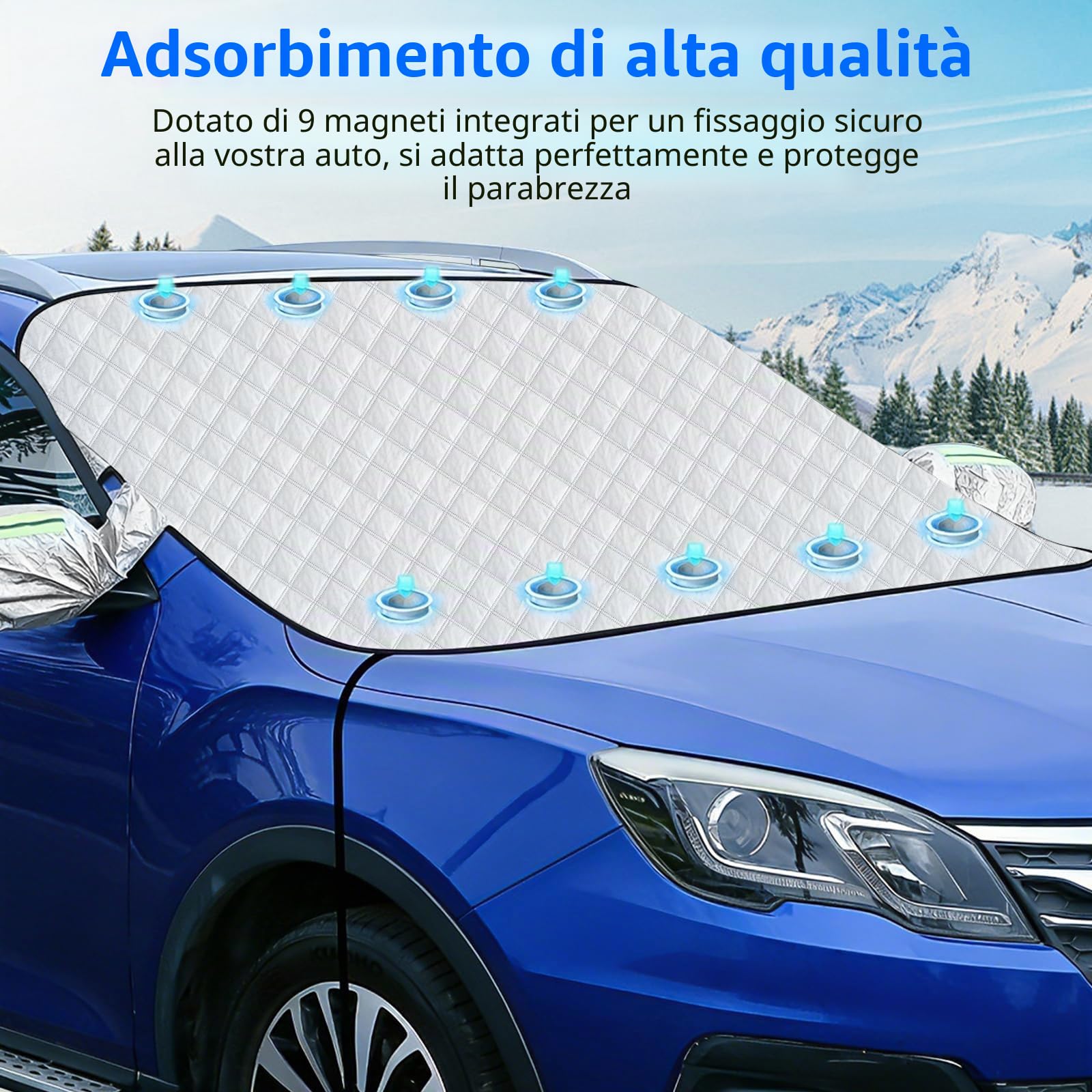 Copri Parabrezza Auto Inverno, 9 Magnete, Copriparabrezza Inverno Esterno per Maggior Parte dei Veicoli, Resistente alla neve, al ghiaccio, al gelo, alla polvere e ai raggi UV, 152 x 125cm
