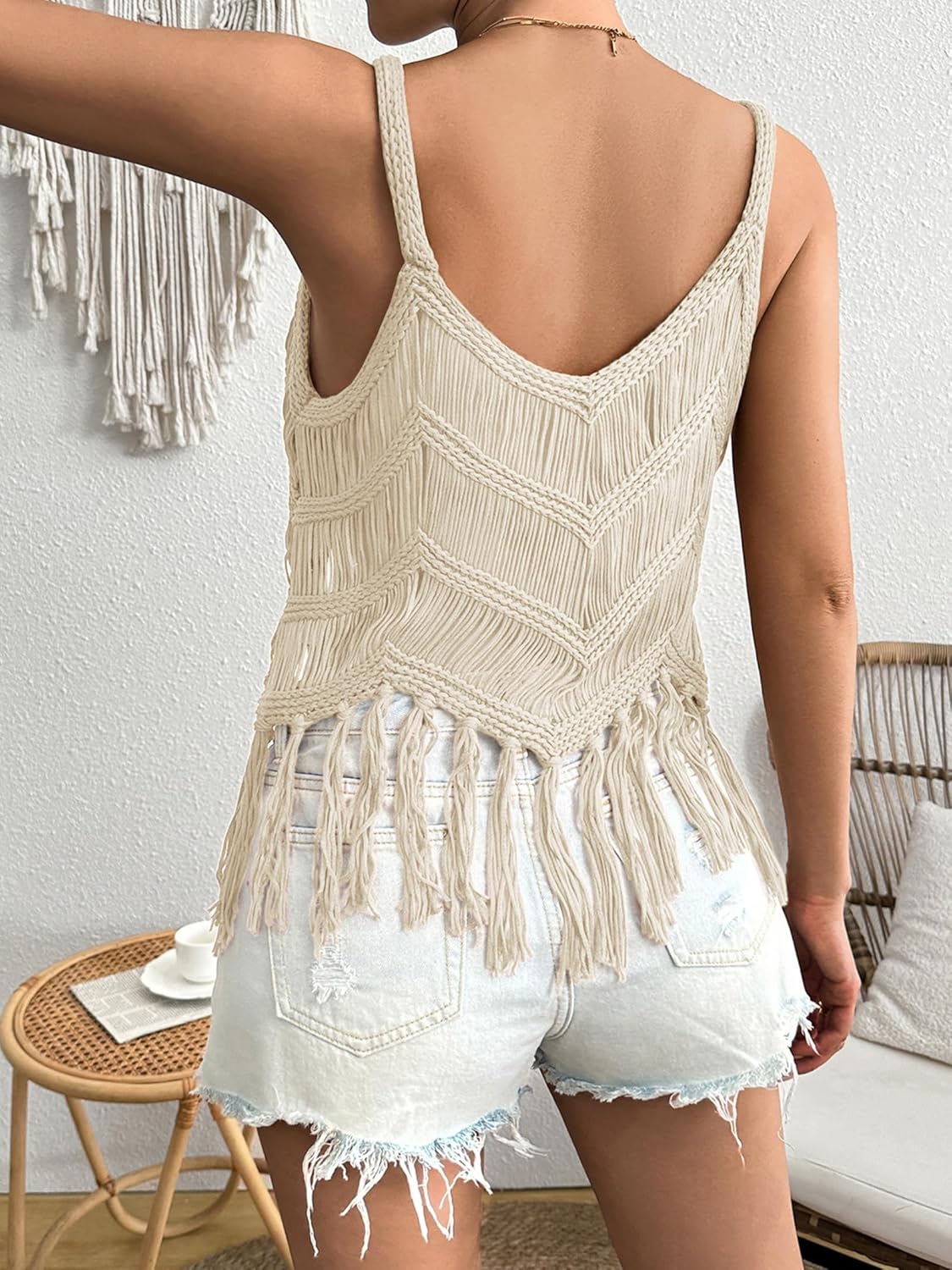 Women‘s Fringe Cami Western Cowgirl Tassel Tank Tops Sleeveless V-Neck Crochet Crop Top Boho Knitted Spaghetti Straps Vest - Image 3
