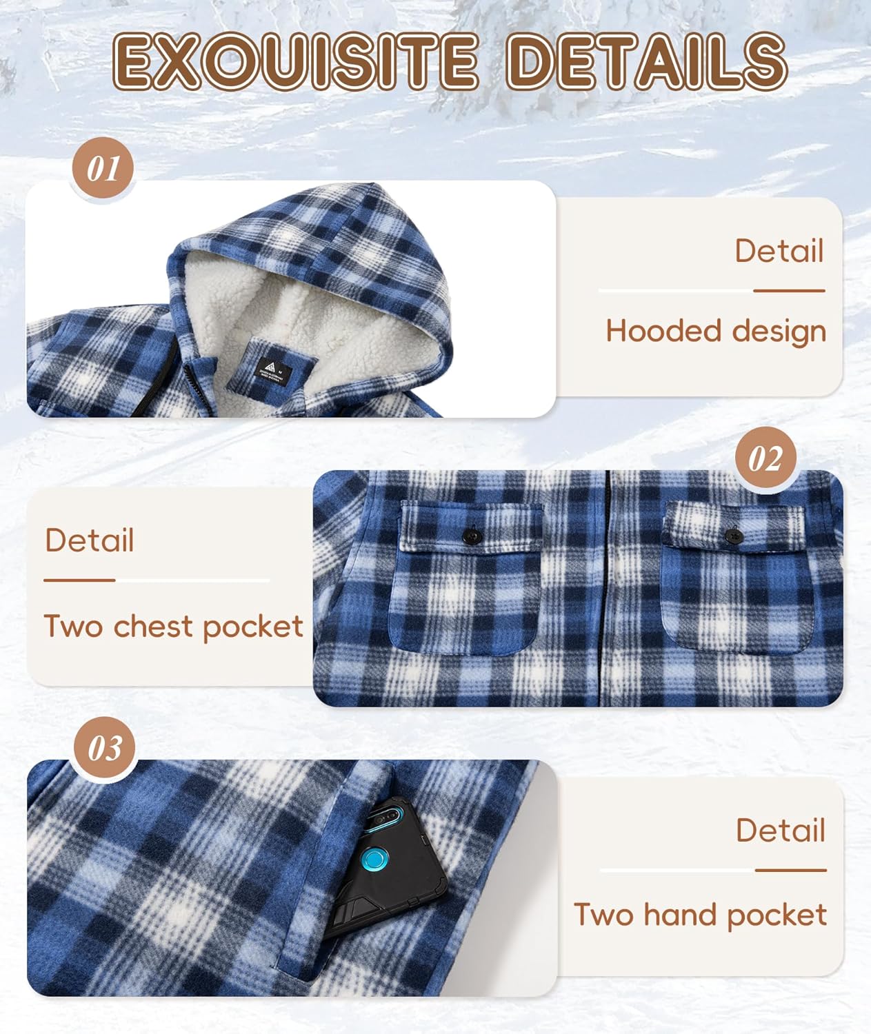 Mens Plaid Full Zip Hoodie Warm Flannel Shirt Jacket Fleece Lined Outerwear Coat with Hood - Image 5