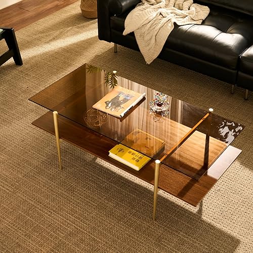Miniatura 56 de Saint Mossi Tadio - Mesa de centro de vidrio de doble capa para sala de estar, estante inferior de MDF marrón y café Vidrio marrón y marrón