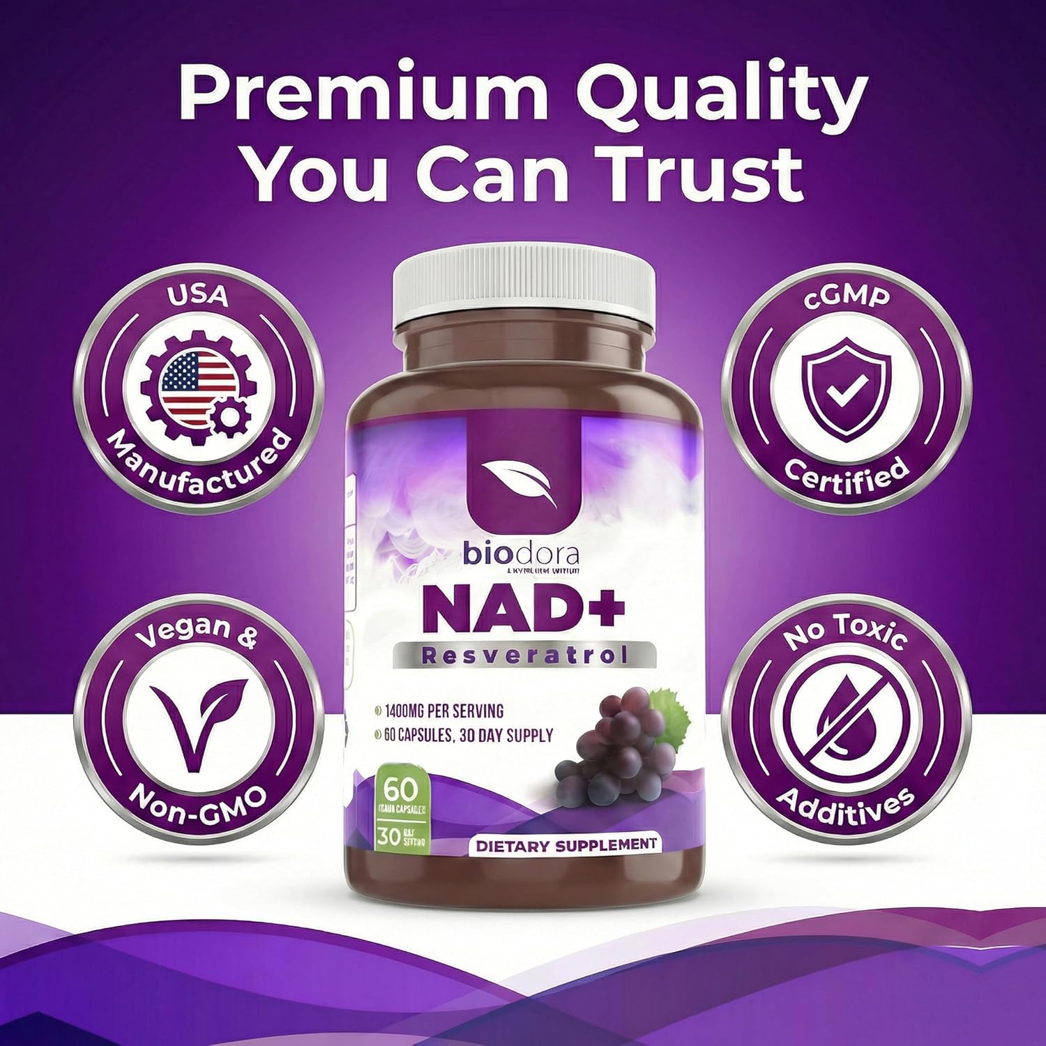 Resveratrol NAD+ 1400mg | Trans-Resveratrol Antioxidant NAD Supplement with NAD | Support Cellular Health, Energy & Anti Aging (60 Capsules)
