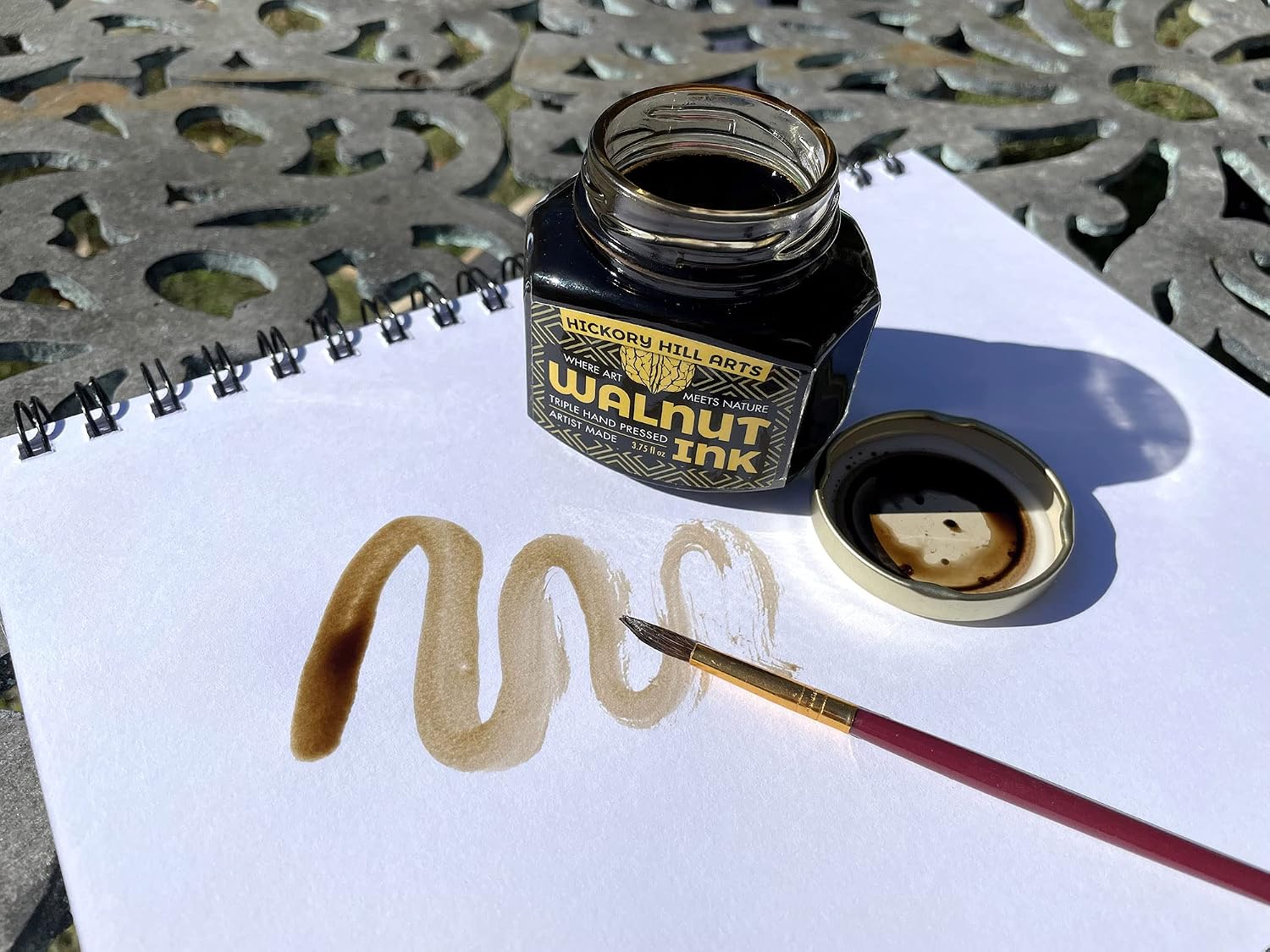 Handcrafted Walnut Ink, Large 3.75 Oz (112 mL) Comes in a Resealable Glass Inkwell for Calligraphy Dip Pens, Brushes, Dye or Stain