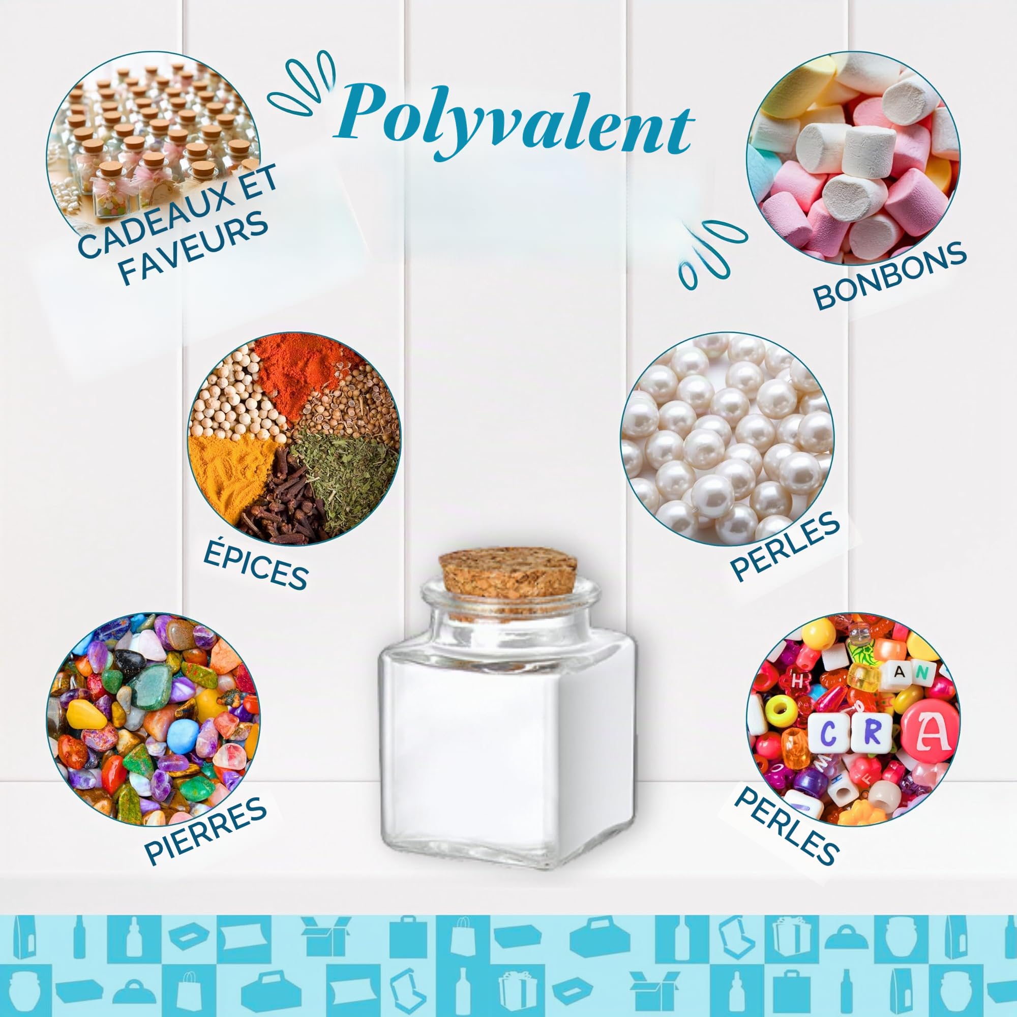 Espirito Rebelde 20 Pots en Verre Carrés pour Épices 40ml avec Bouchon en Liège + 20 Boîtes Kraft | Bocaux Rangement Cuisine | Épices, Confiture, Yaourt