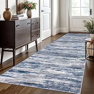 3x10 Navy Blue Gray Neutral Multi Modern Abstract Runner Rug for Hallways, Super Soft Hallway Decor Kitchen Rugs with Non-Slip, Non-Shedding Washable Rug for Entryway Bedroom Indoor