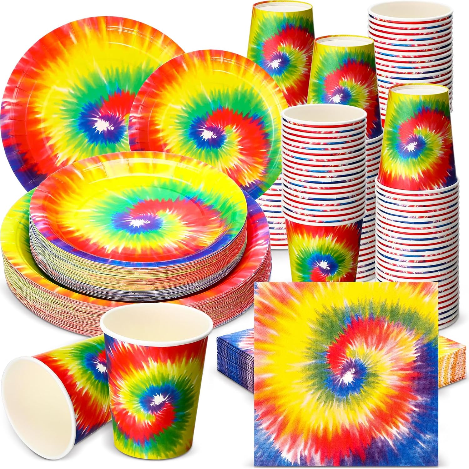 Mimorou 240-piece Tie Dye Party Supplies – 60 Plates, Cups & Napkins Set – Colorful Birthday Tableware for 60 Guests – Fun & Vibrant Party Decor