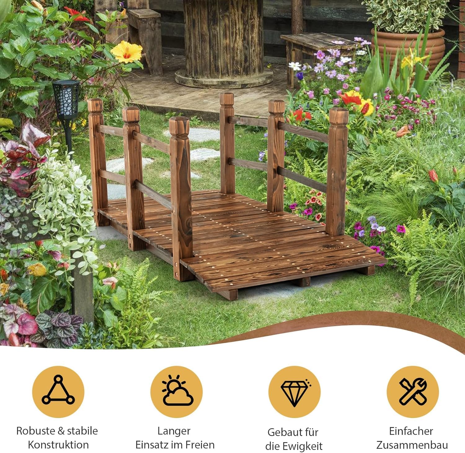 FANTASK Pont de Jardin en Bois de Sapin Massif avec Balustrade - Pont décoratif - Charge maximale : 180 kg - Marron