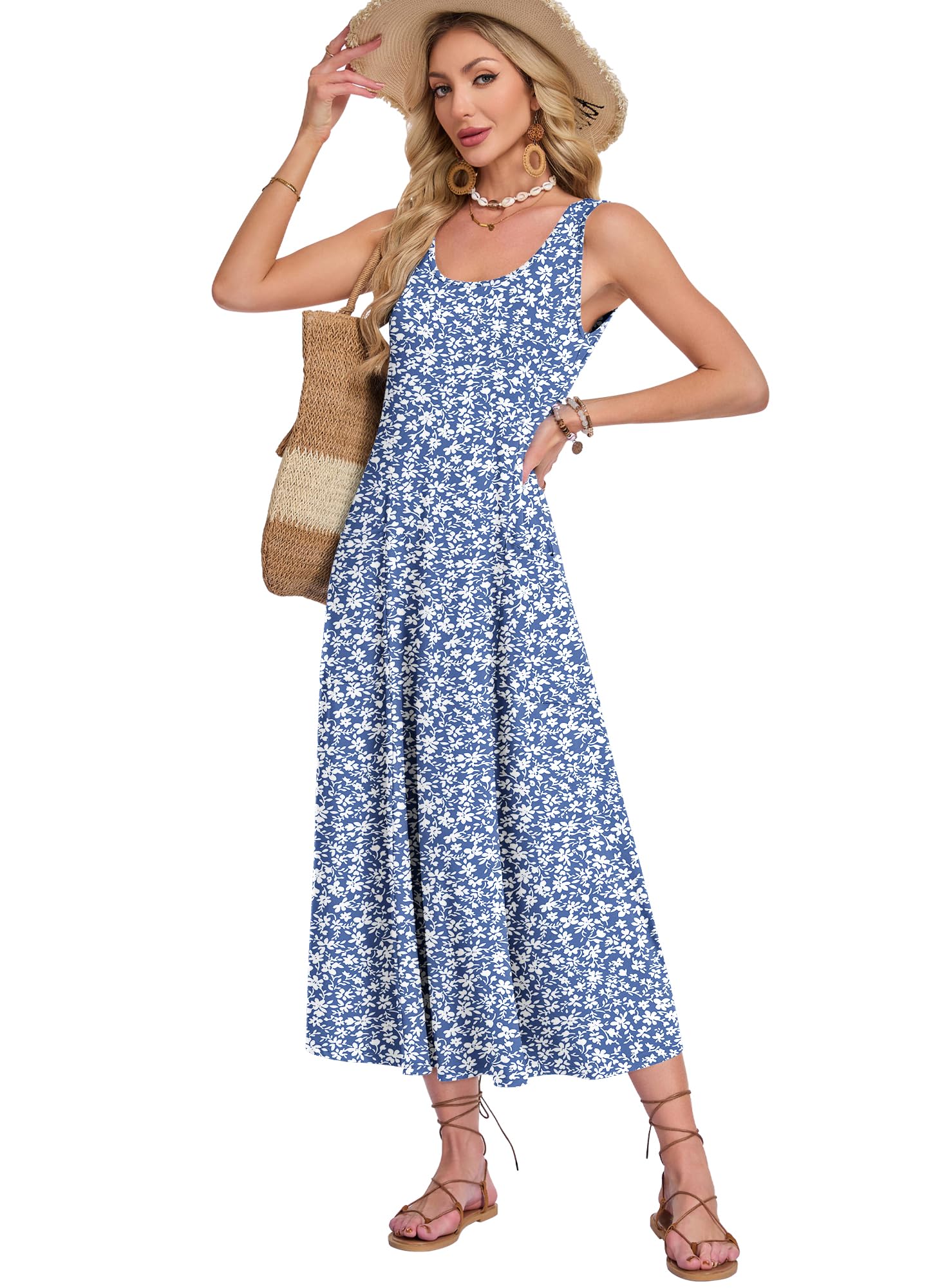 AUSELILY Abito Estivo da Donna Senza Maniche Modello a Trapezio Abito Lungo Casual con Scollo a U Vestito Ampio per Le Vacanze e la Spiaggia con Tasche