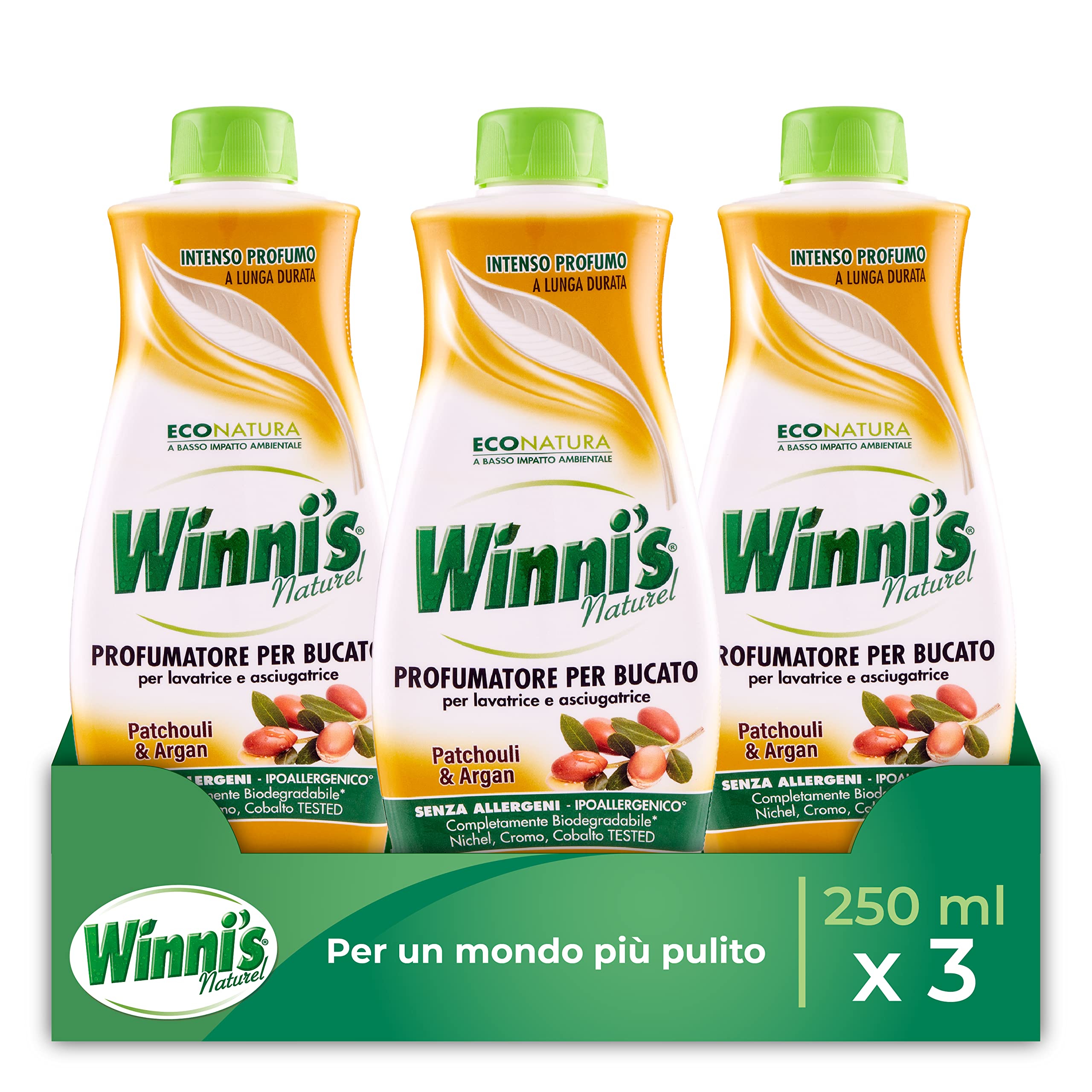 Winni's - hipoalergiczny zmyty perfumer do pralki i suszarki, zapach paczuli i arganu z surowcami pochodzenia roślinnego i organicznego, 250 ml x 3 opakowania