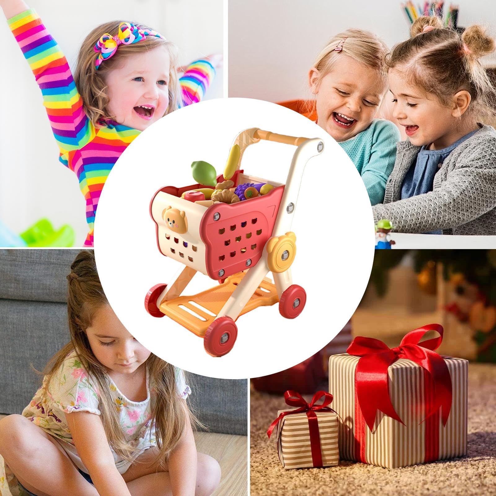 Carrello Spesa Bambini Di Ruolo Frutta Verdura Finta Carrellino A Spinta 3+ | Set Carrellino Spesa Giocattolo Divertente Camminata Bimbi 3+ Anni, Regalo Compleanno E