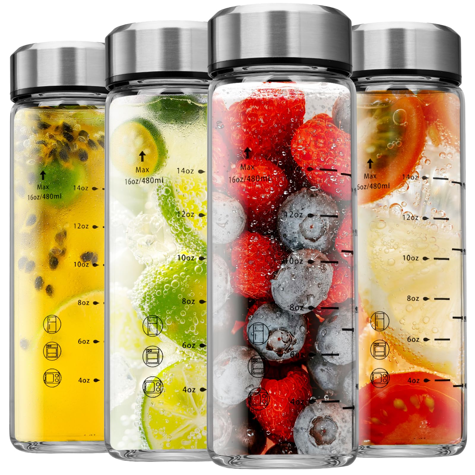 Bottiglie in vetro per succhi di frutta, 473,6 ml, confezione da 4 bottiglie d'acqua in vetro a bocca larga con coperchio, per spremere frullati, acqua infusa e bevande, senza BPA, a prova di