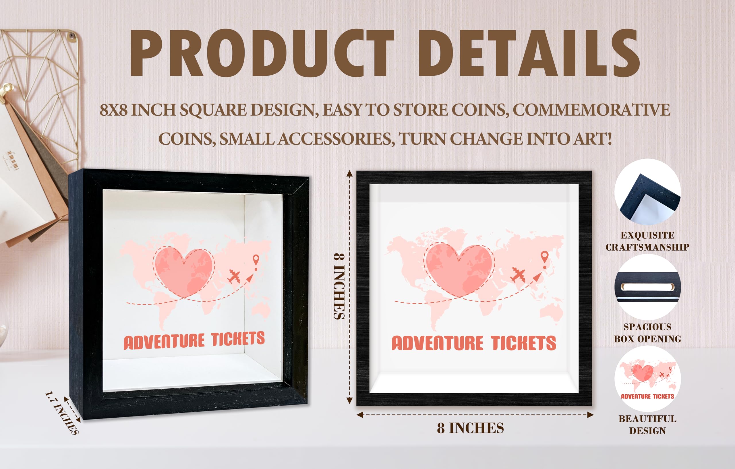 Black Honeymoon Shadow Box Frame with Slot, Adventure Tickets Boxes Frames for Fund, 8x8 Memory Box for Keepsakes, Travel Gifts and Decorations, 15