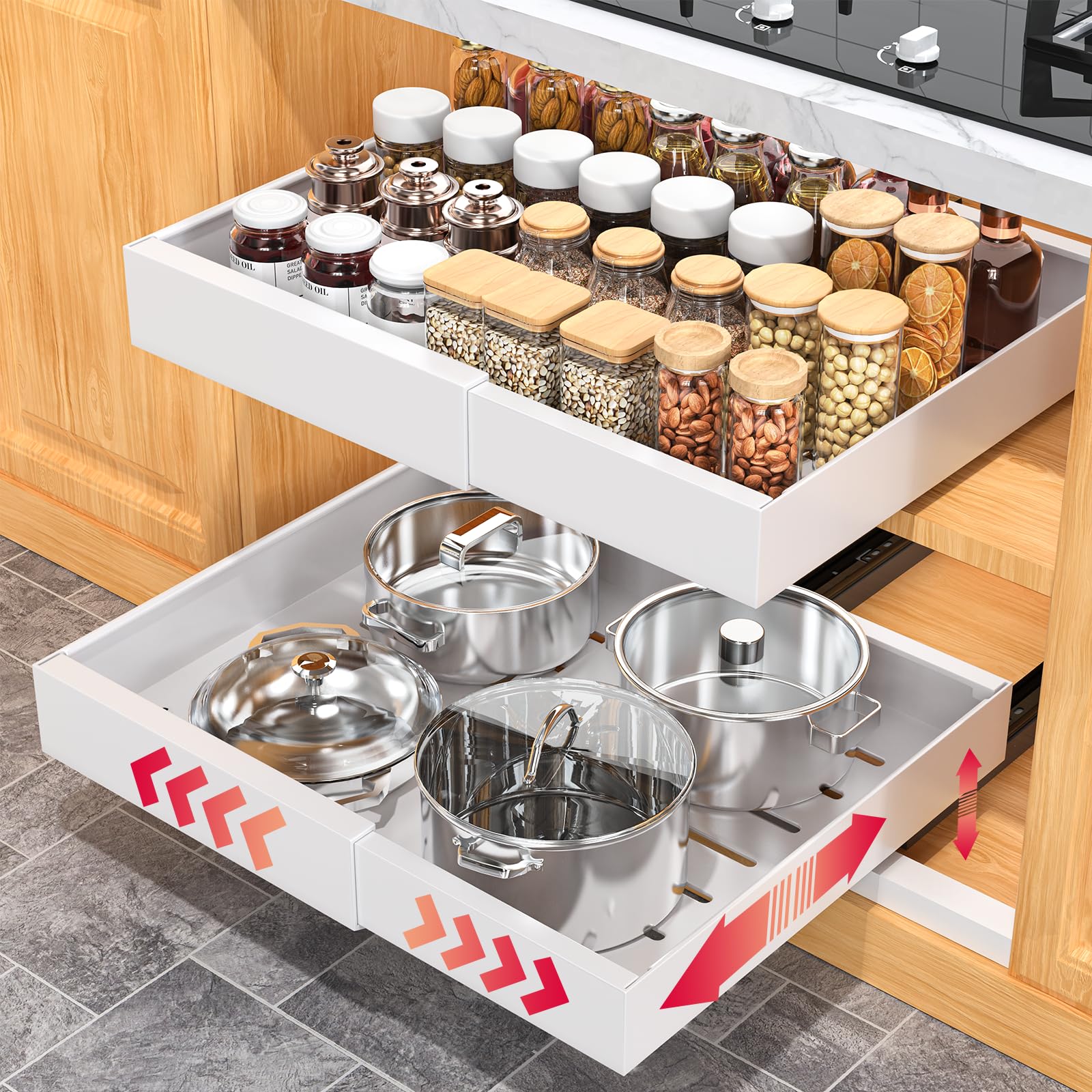 21"Deep 2Pack Expandable Pull Out Cabinet Organizers,Adjustable Width 12.6-20.5"No-Drilling,Upgrade 3 Slide Rails Slide Out Drawers,Roll-Out Shelves Adhesive With Raising Pad for Framed Cabinets,White