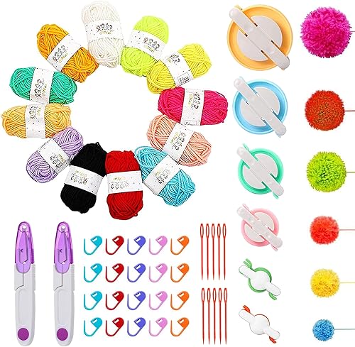 Allazone Juego de 57 piezas de herramientas para hacer pompones con fabricante de pompones, hilo de 12 colores, bolas de pelusa para manualidades,